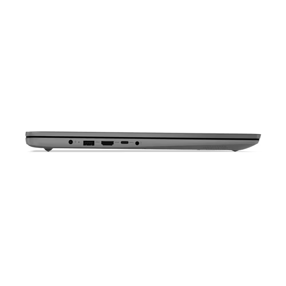 Seitenansicht eines grauen Laptops. Sichtbare Anschlüsse sind USB, HDMI und Audioanschluss. Der Laptop steht auf weißem Hintergrund.