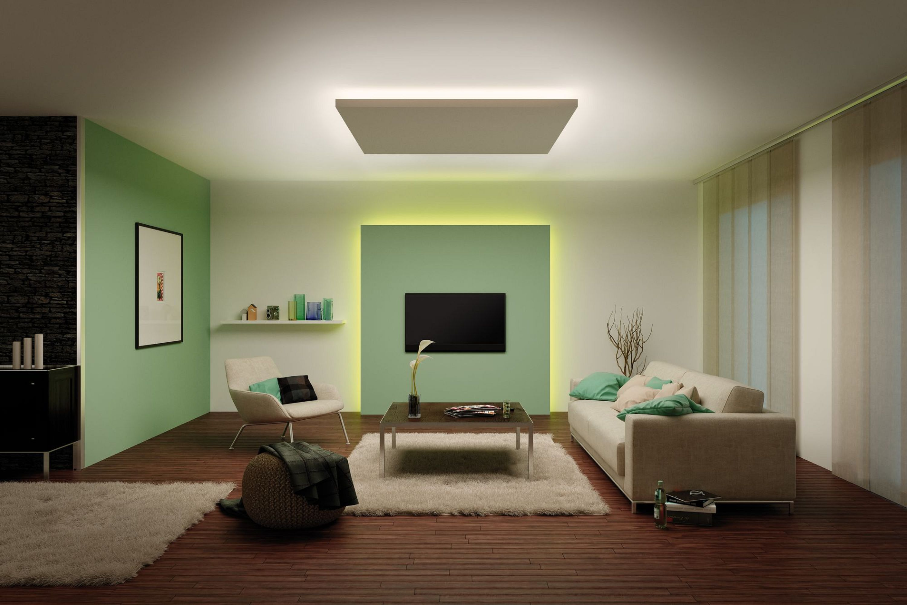 Ein modernes Wohnzimmer mit grünen Wänden, einem Sofa, einem Couchtisch, einem Fernseher und einem Teppich. Es gibt ein Bild.