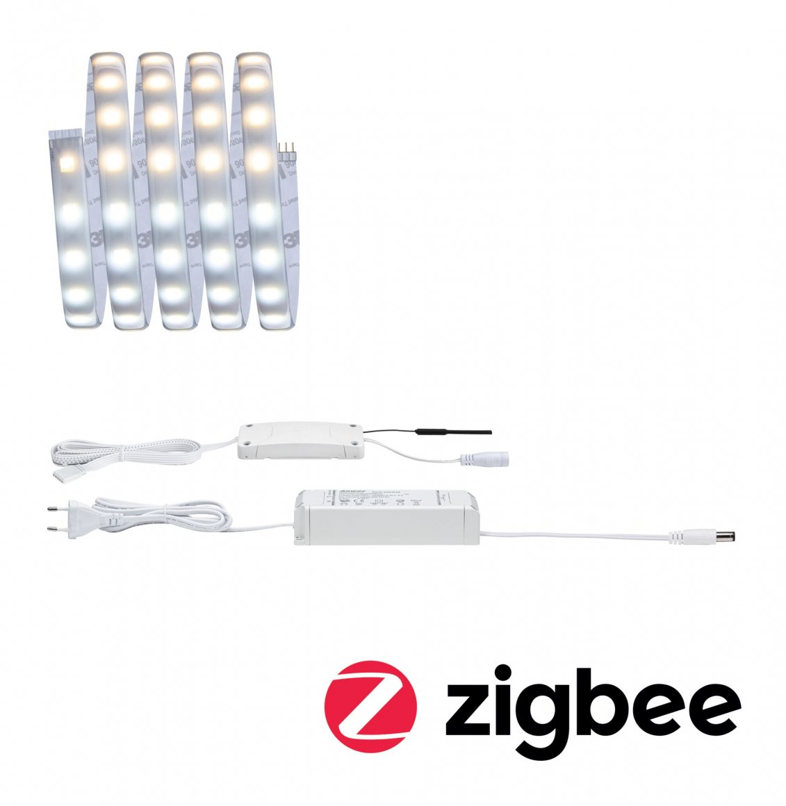 Paski świetlne LED, zasilacz i logo Zigbee. Białe paski świetlne są zwinięte. Zasilacze i kable są również białe.