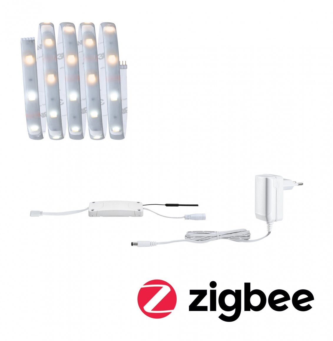 Białe paski LED, zasilacz i jednostka sterująca. Logo Zigbee na dole. Wszystko na białym tle.