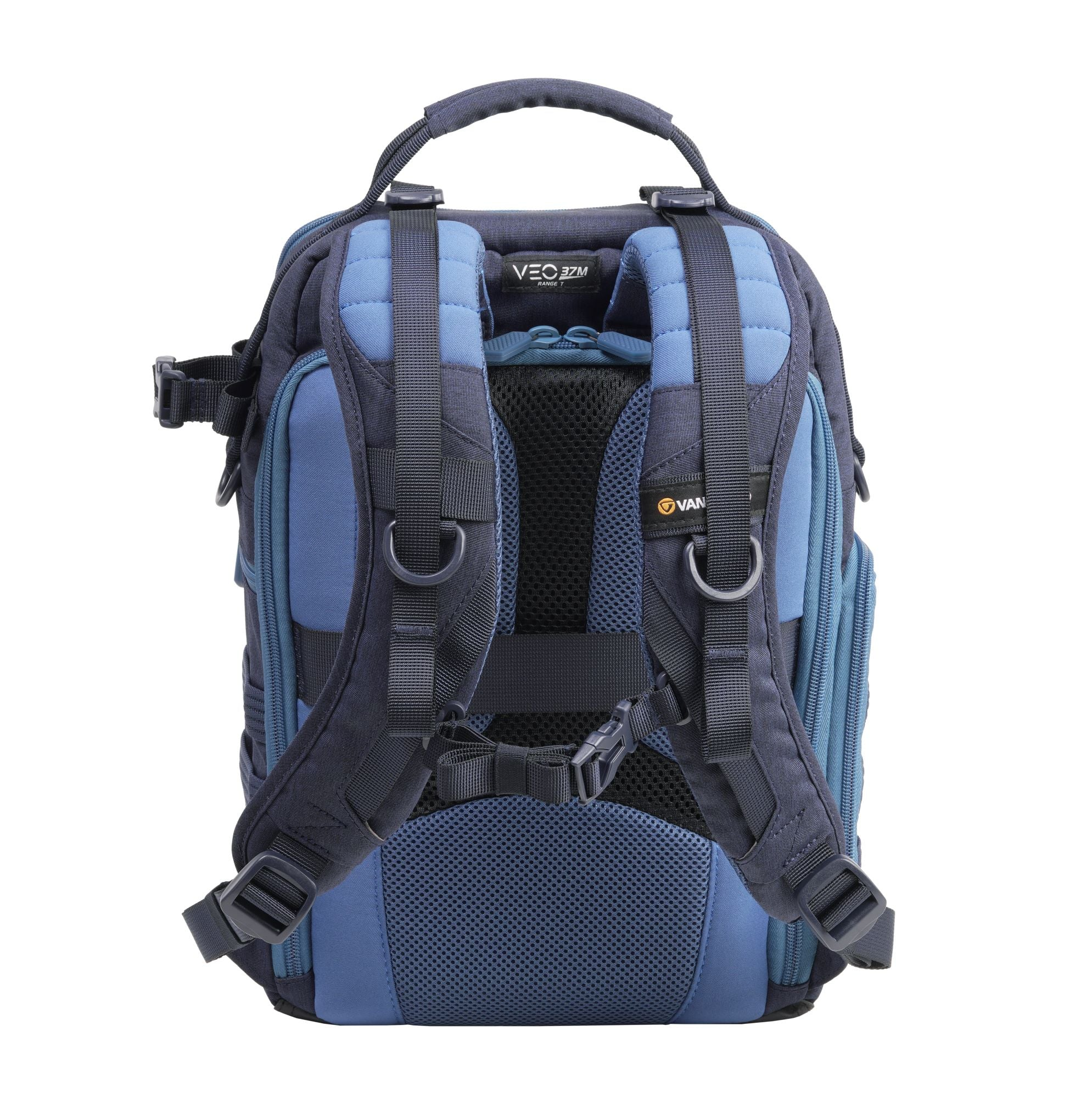 Blauer und grauer Rucksack mit mehreren Riemen, Griffen und einem Netz-Rückenteil.