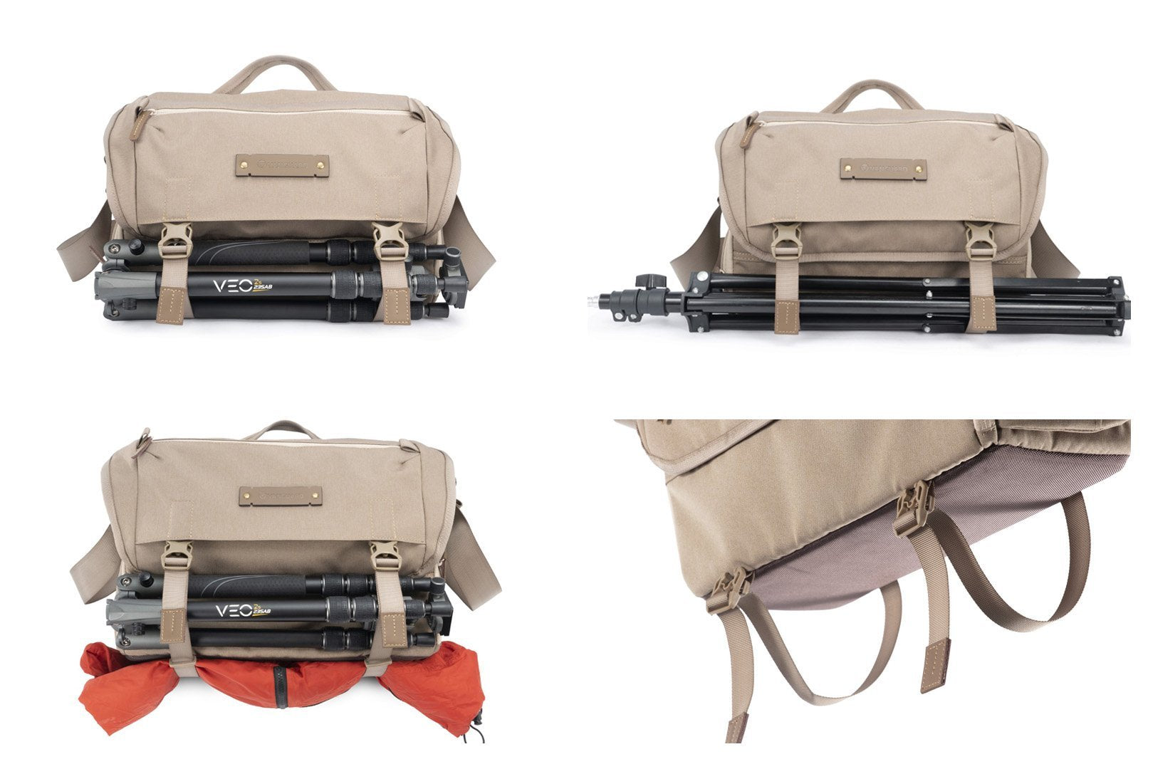 Eine beige Kameratasche mit befestigtem Stativ. Die Tasche hat Riemen und einen Griff. Das Stativ ist schwarz und die Szene ist vor weißem Hintergrund.