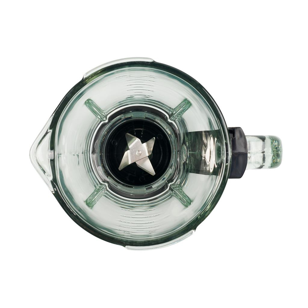 Widok z góry na dzbanek blendera. Szklany słoik ma ostrze na dole. Uchwyt znajduje się po prawej stronie.