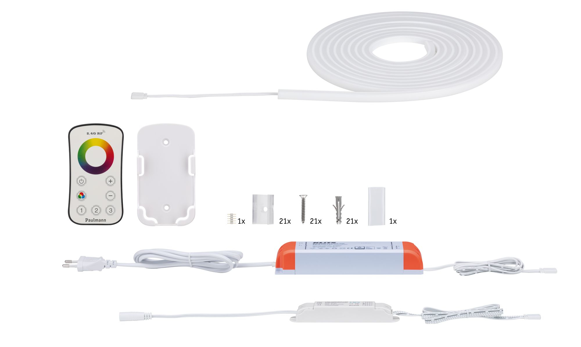 Ein weißes LED-Streifen-Kit umfasst eine Fernbedienung, Befestigungsmaterial, Netzteile und einen aufgerollten LED-Streifen.
