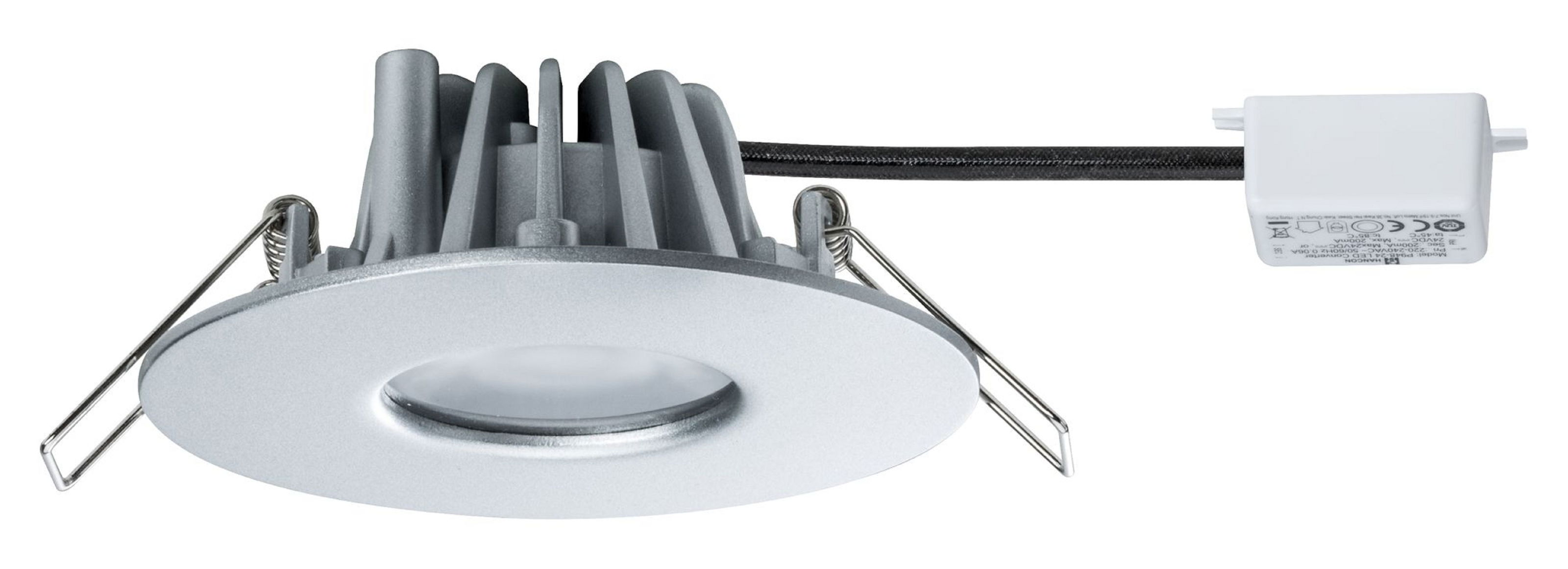 Un faretto a LED ad incasso argentato con cavo nero e adattatore di alimentazione bianco.