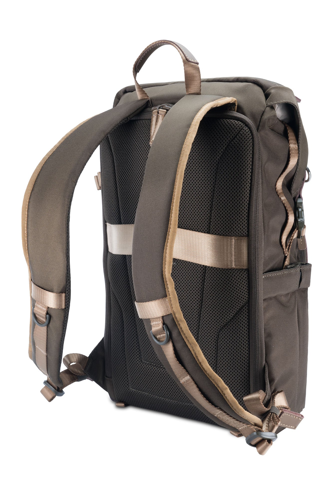 Ein dunkelgrüner Rucksack mit braunen Trägern. Der Rücken hat schwarzes Mesh. Riemen und Details sind beige. Weißer Hintergrund.