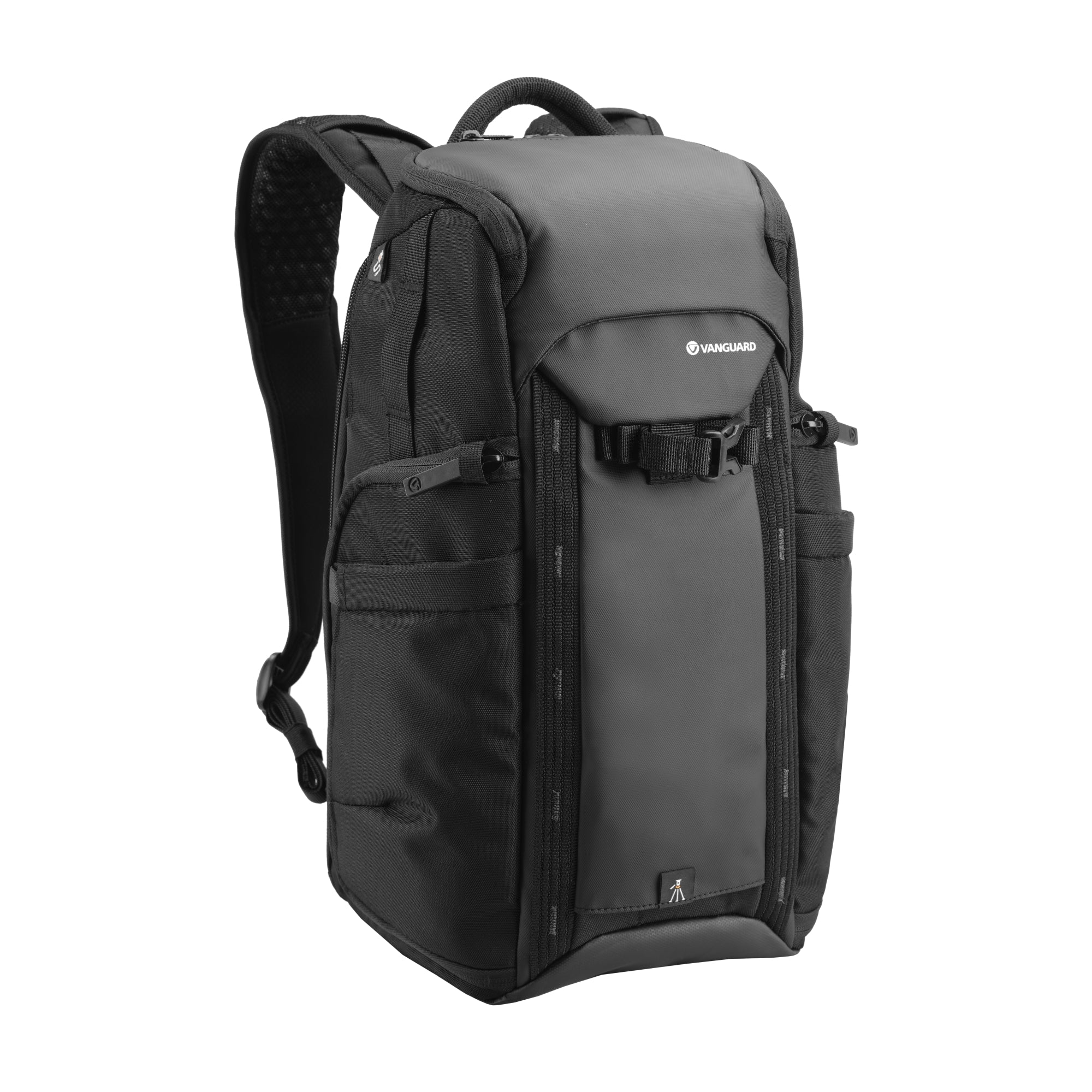 Schwarzer Vanguard Kamera-Rucksack. Mit grauem Frontpanel, mehreren Fächern und Schultergurten. Auf weißem Hintergrund isoliert.