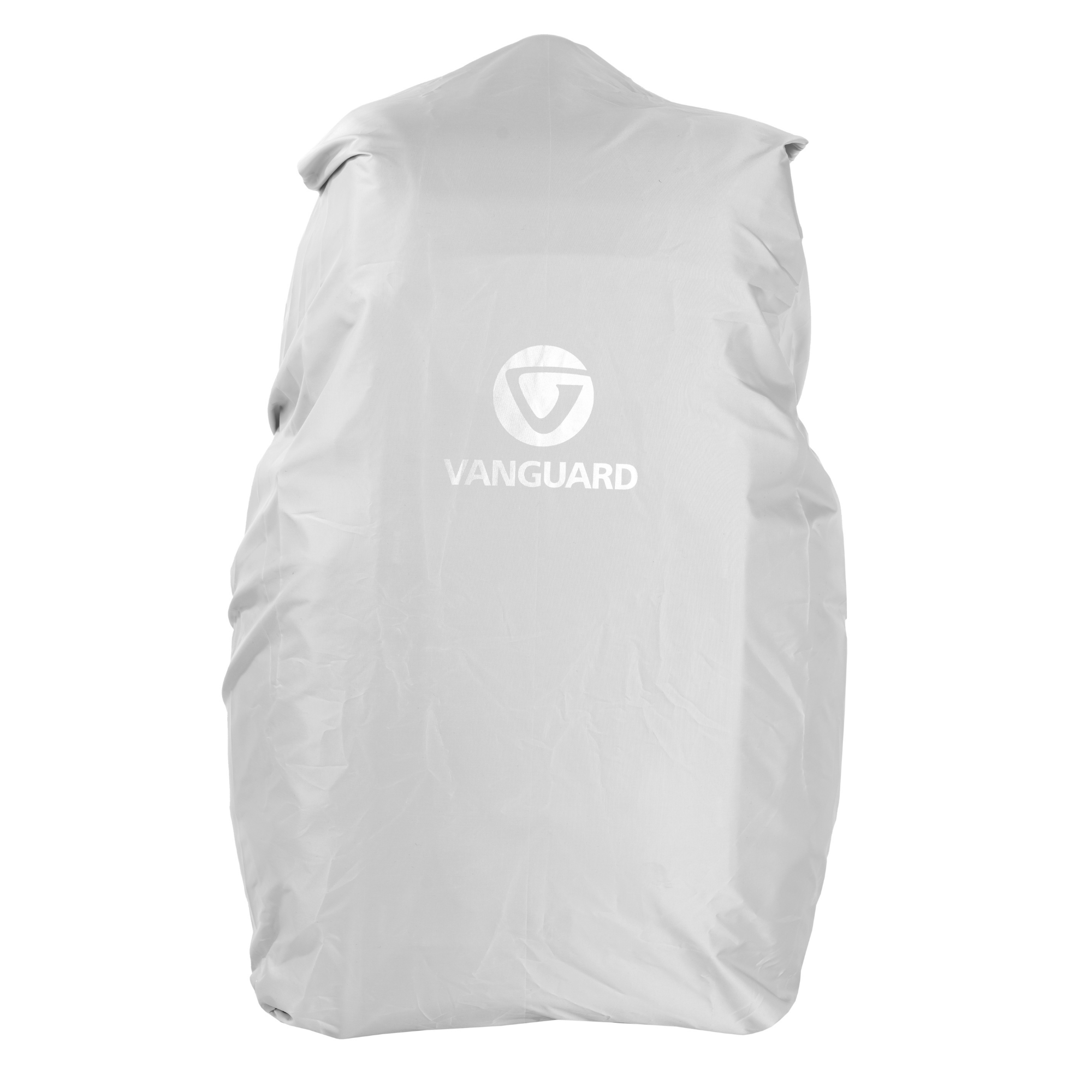 Eine weiße Vanguard-Regenabdeckung für einen Rucksack, mit sichtbarem Markennamen. Auf weißem Hintergrund.