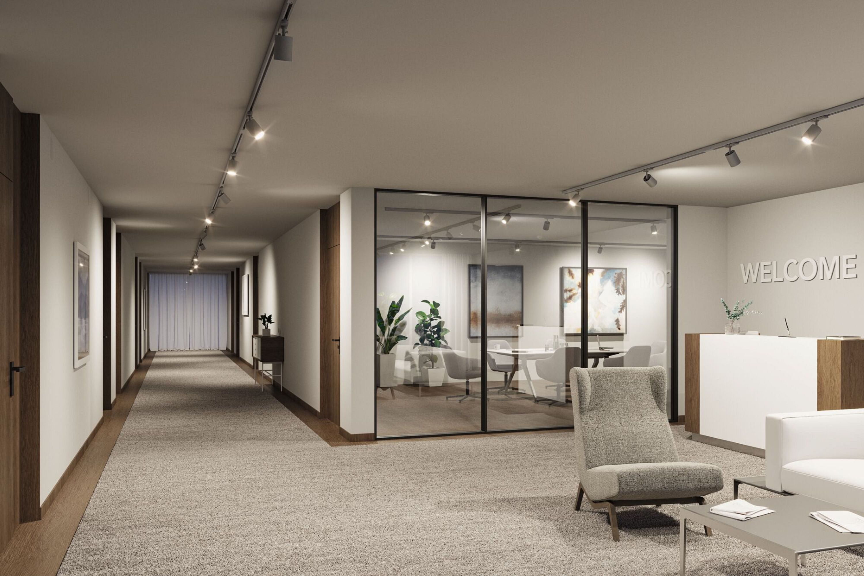 Korytarz biurowy z recepcją, przeszkloną salą konferencyjną i szarym fotelem.