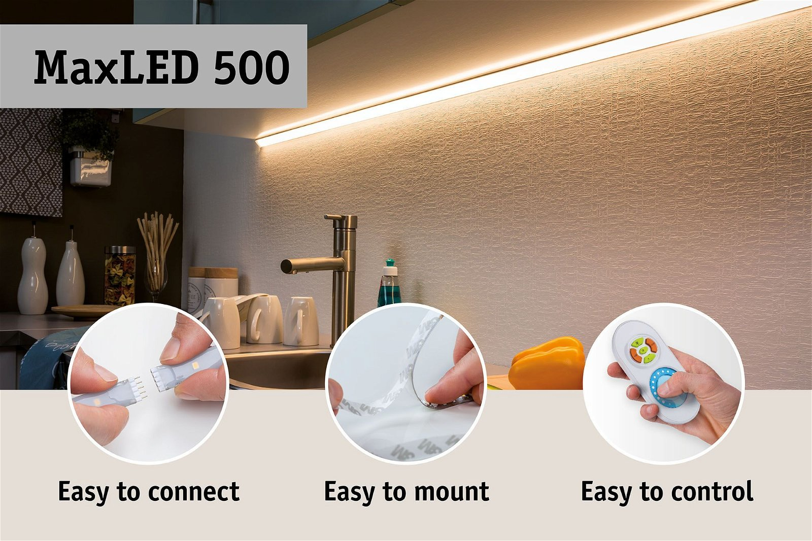 Scena della cucina con illuminazione a strisce LED, istruzioni di collegamento, montaggio e telecomando. Testo: MaxLED 500. Elettrodomestici in secondo piano.