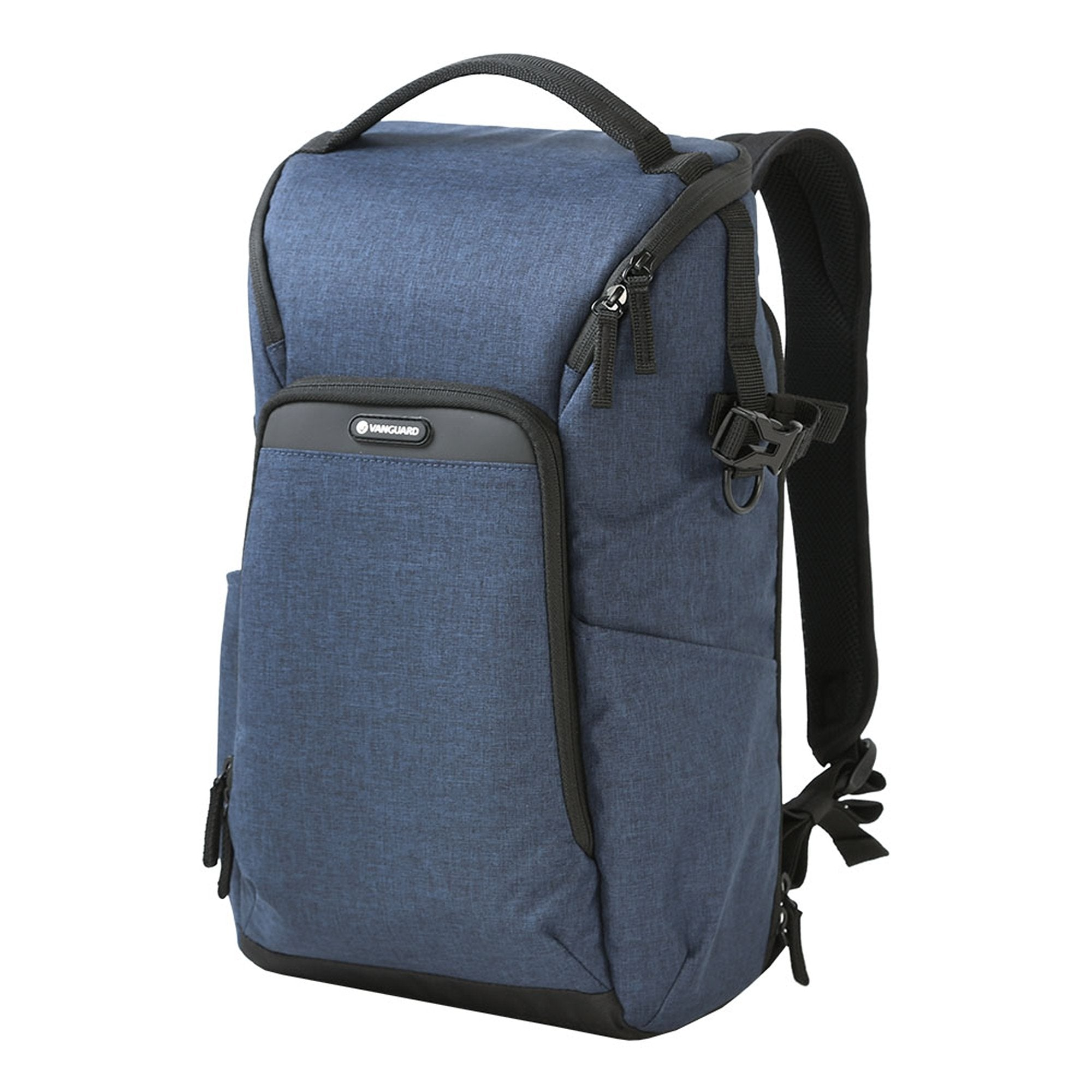 Blauer Vanguard-Kamera-Rucksack mit schwarzen Akzenten, Reißverschlüssen und Riemen. Er hat einen Griff und verstellbare Riemen.