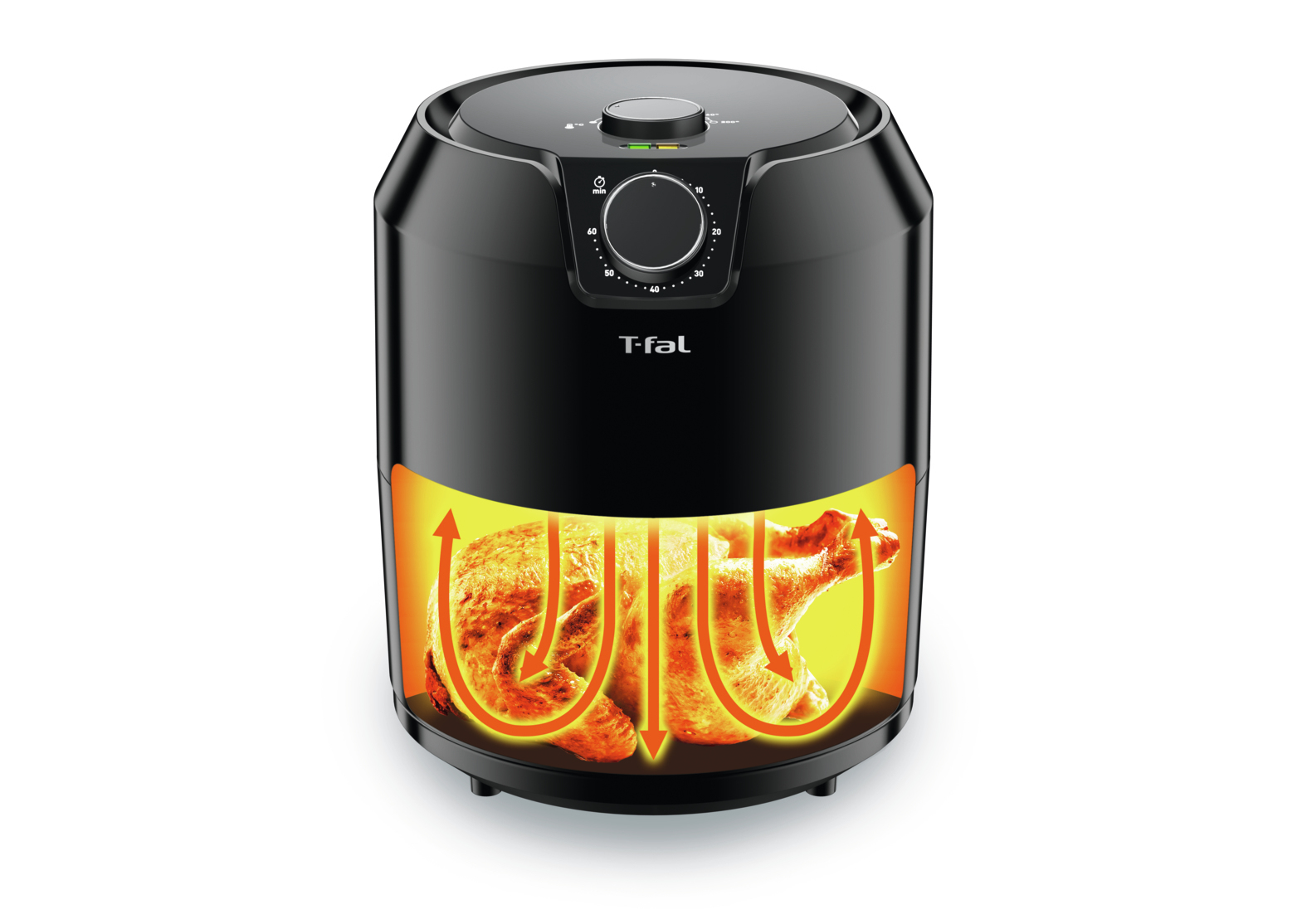 Una friggitrice ad aria T-fal nera con un pollo all'interno. Le frecce mostrano la circolazione dell'aria. Il quadrante è a 0 minuti.