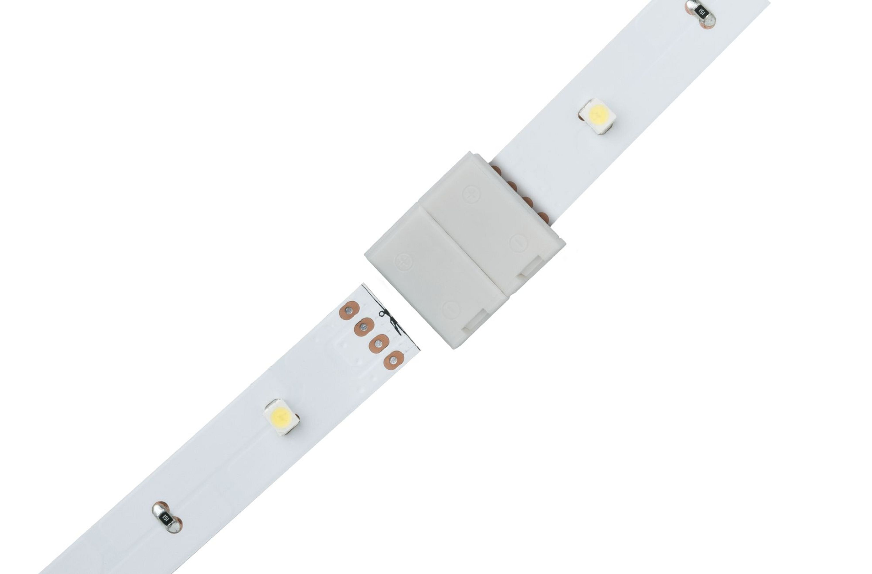 Ein weißes LED-Band mit einem Stecker. Das Band hat kleine gelbe LEDs und einen weißen Kunststoffstecker.