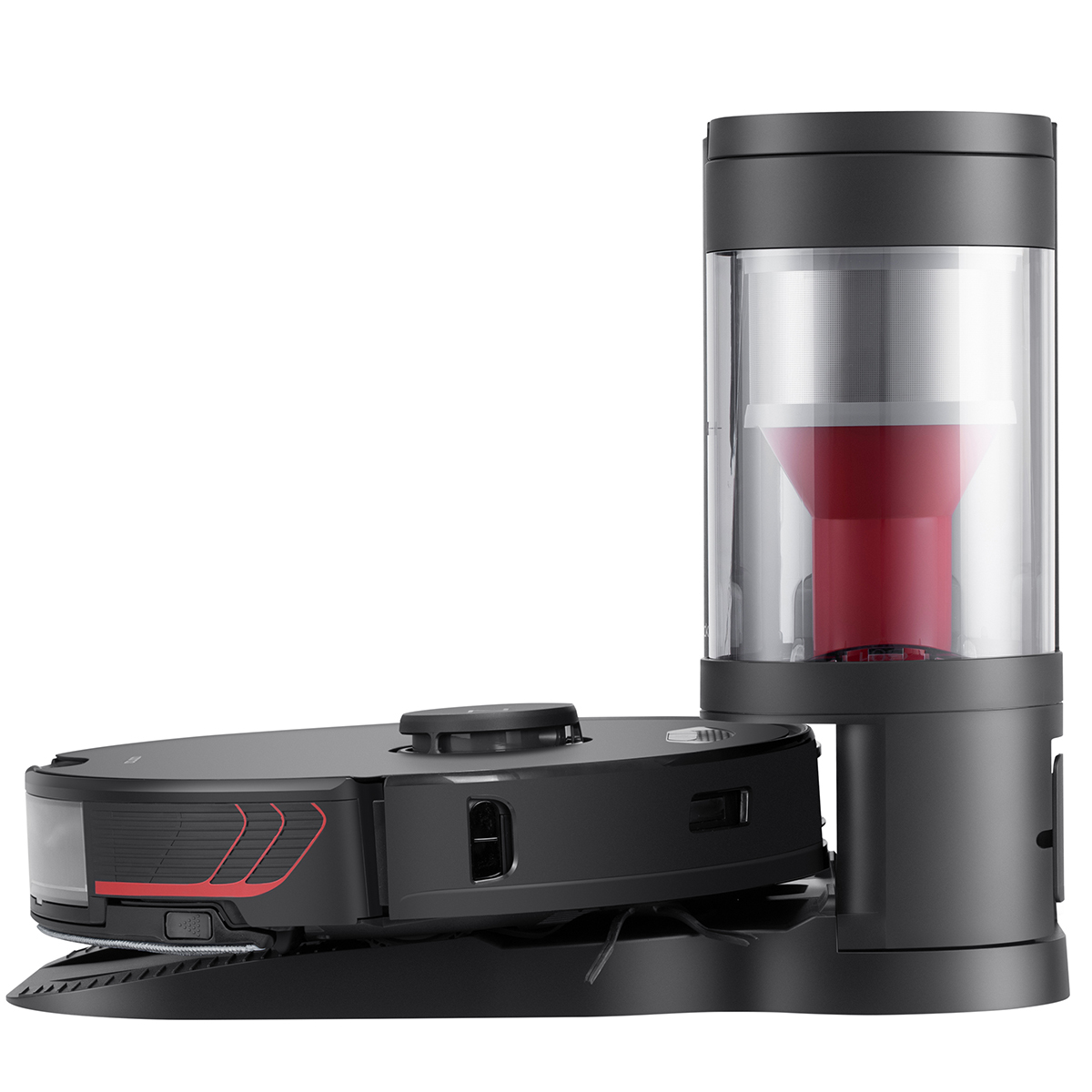 Ein schwarzer Roboter-Staubsauger mit einer schwarzen Ladestation. Ein roter Behälter ist in der Ladestation zu sehen.