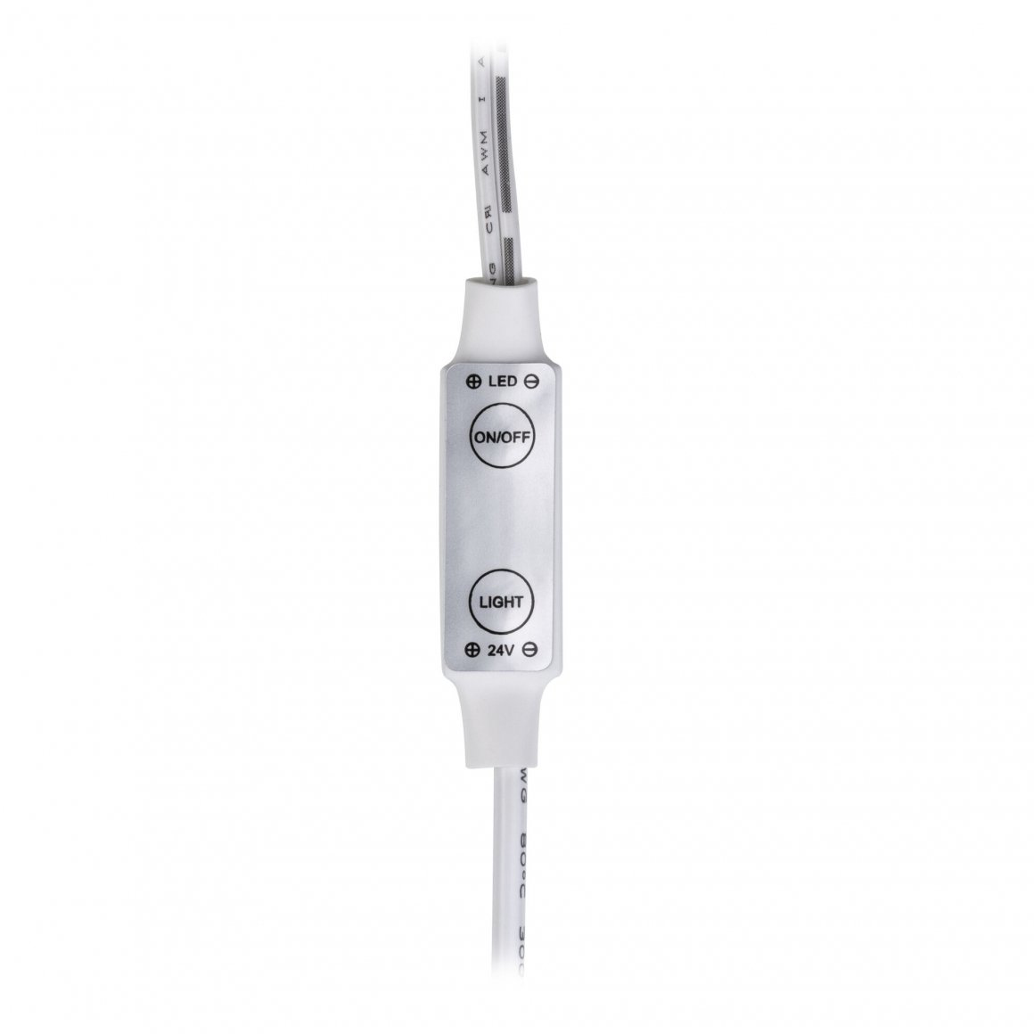 Ein weißer LED-Lichtcontroller. Er hat eine Ein/Aus-Taste und eine Lichttaste sowie den Text 'LED' und '24V'.