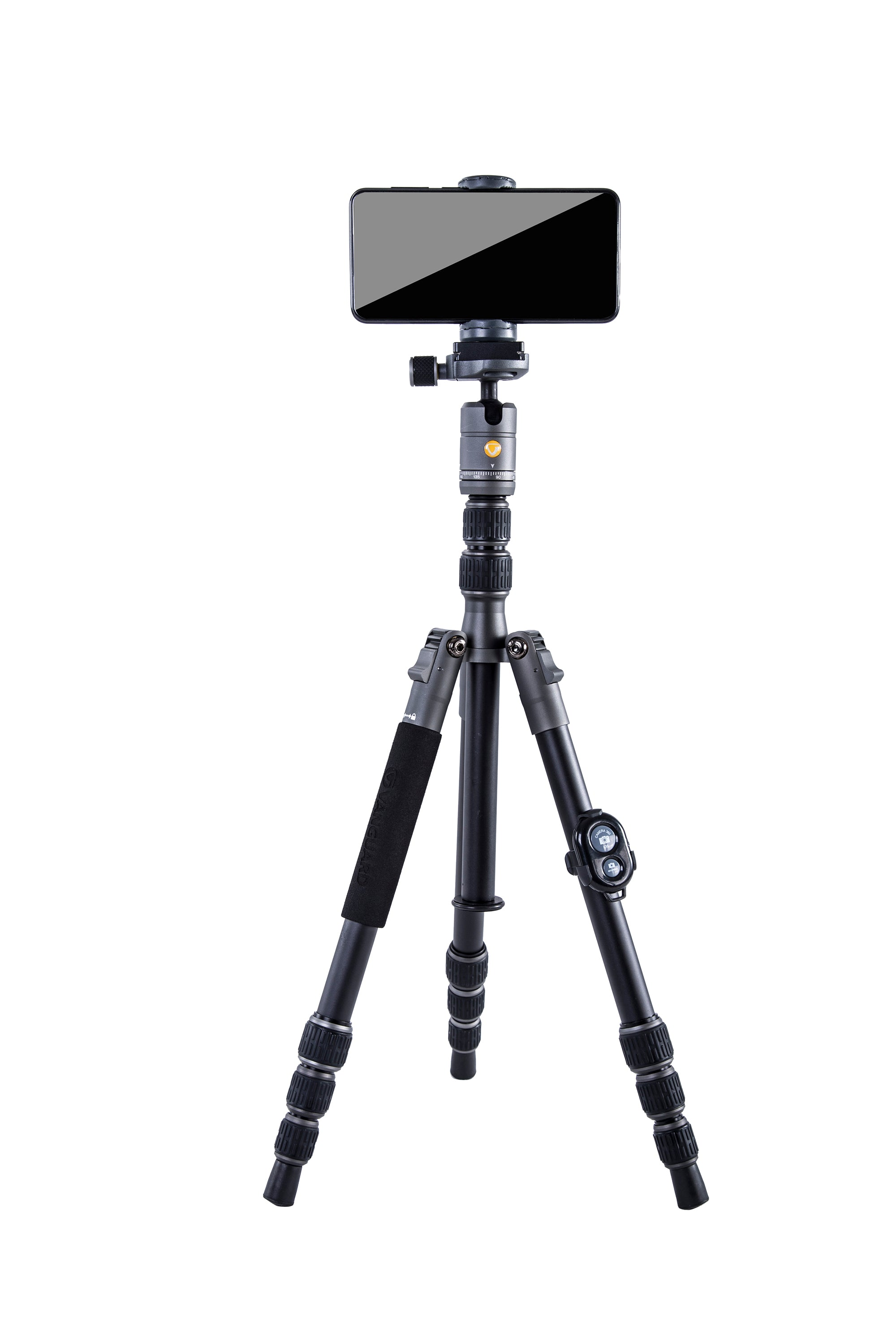 Czarny statyw z dołączonym smartfonem na białym tle. Ekran telefonu jest czarny.