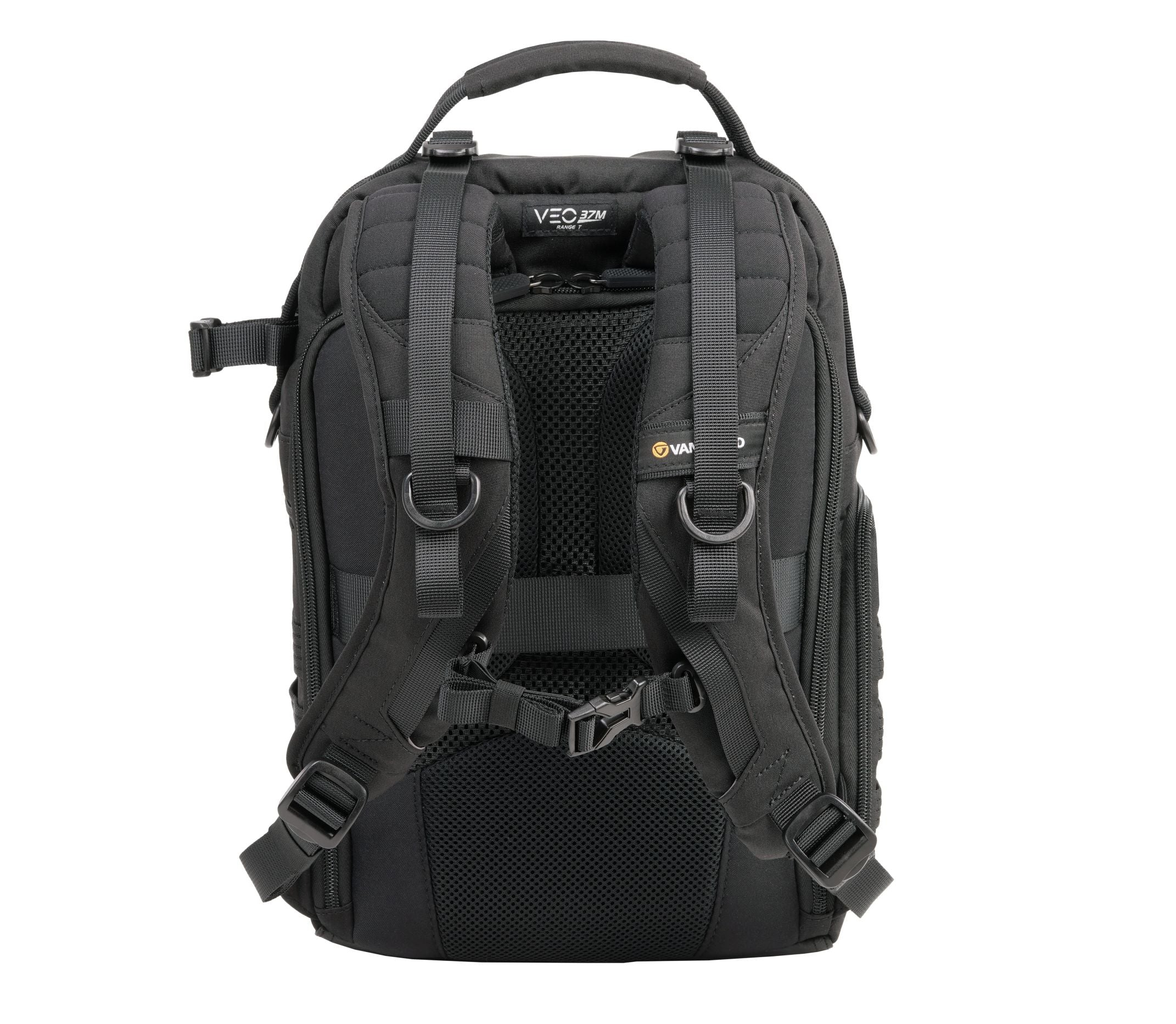 Schwarzer Rucksack mit mehreren Riemen, Schnallen und einem oberen Griff. Die Rückseite hat ein Mesh-Panel.