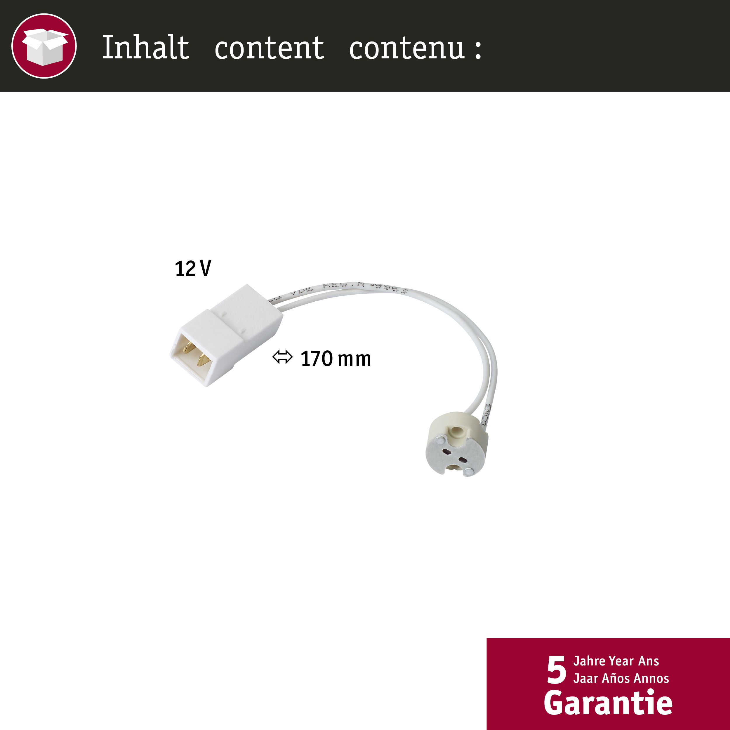 Ein weißer elektrischer Stecker mit zwei Drähten und einer Lampenfassung. Text enthält 12V, 170mm und Garantie.