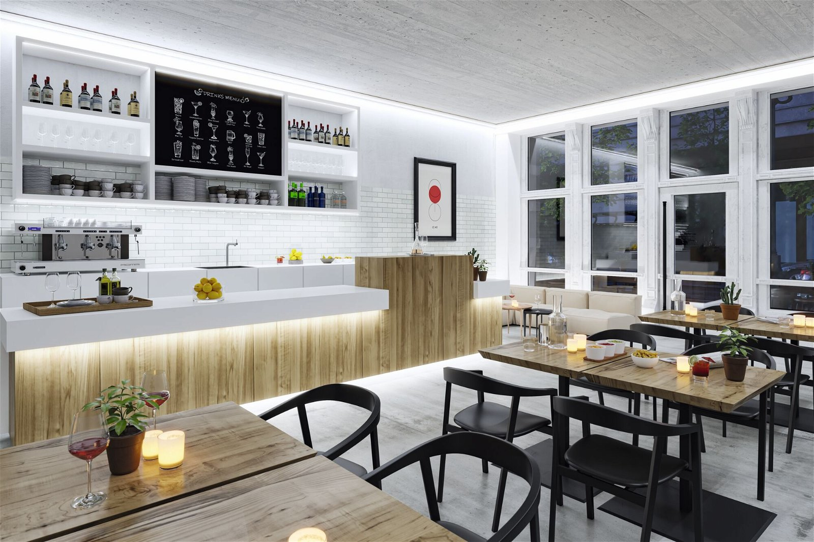 Innenraum eines modernen Cafés mit Tischen, Stühlen, Bar und Speisekarte. Getränke werden auf einer Tafel angezeigt. Fenster und Lichter sind ebenfalls sichtbar.