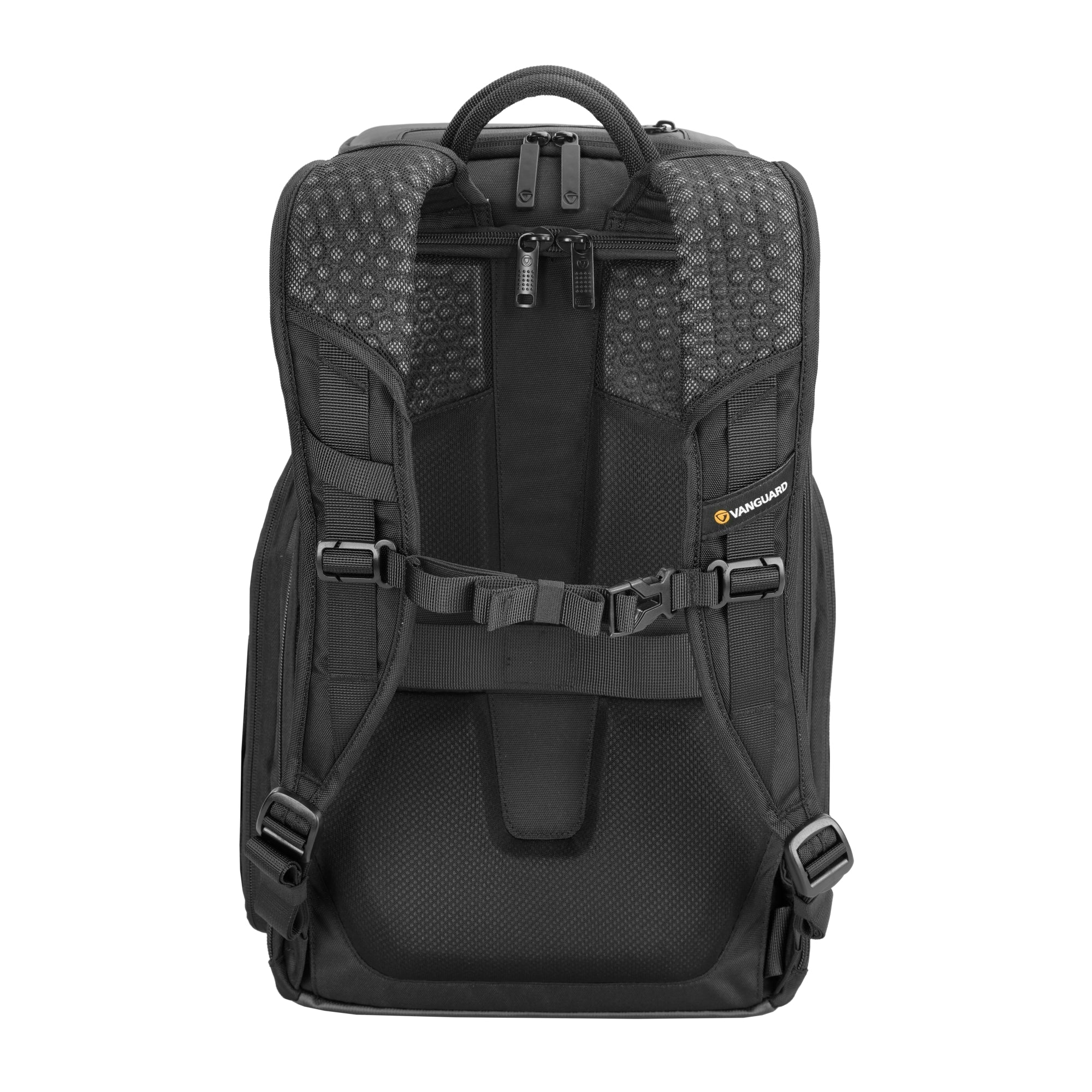 Mochila negra con múltiples compartimentos y correas, con el logo de Vanguard. Tiene asa y cremalleras.
