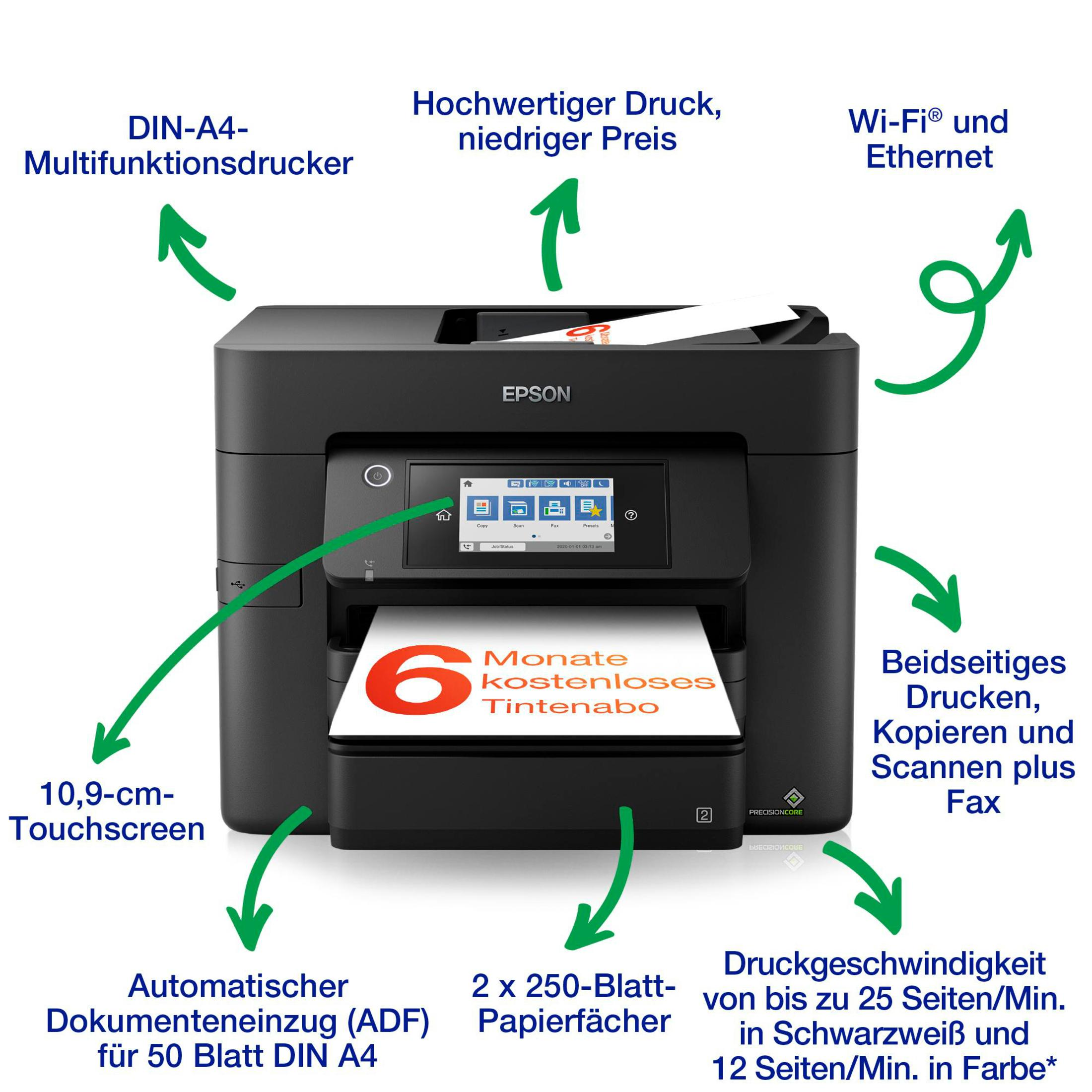 Czarna drukarka Epson z ekranem dotykowym i podajnikiem papieru. Funkcje: Wi-Fi, skaner, kopiarka i faks.
