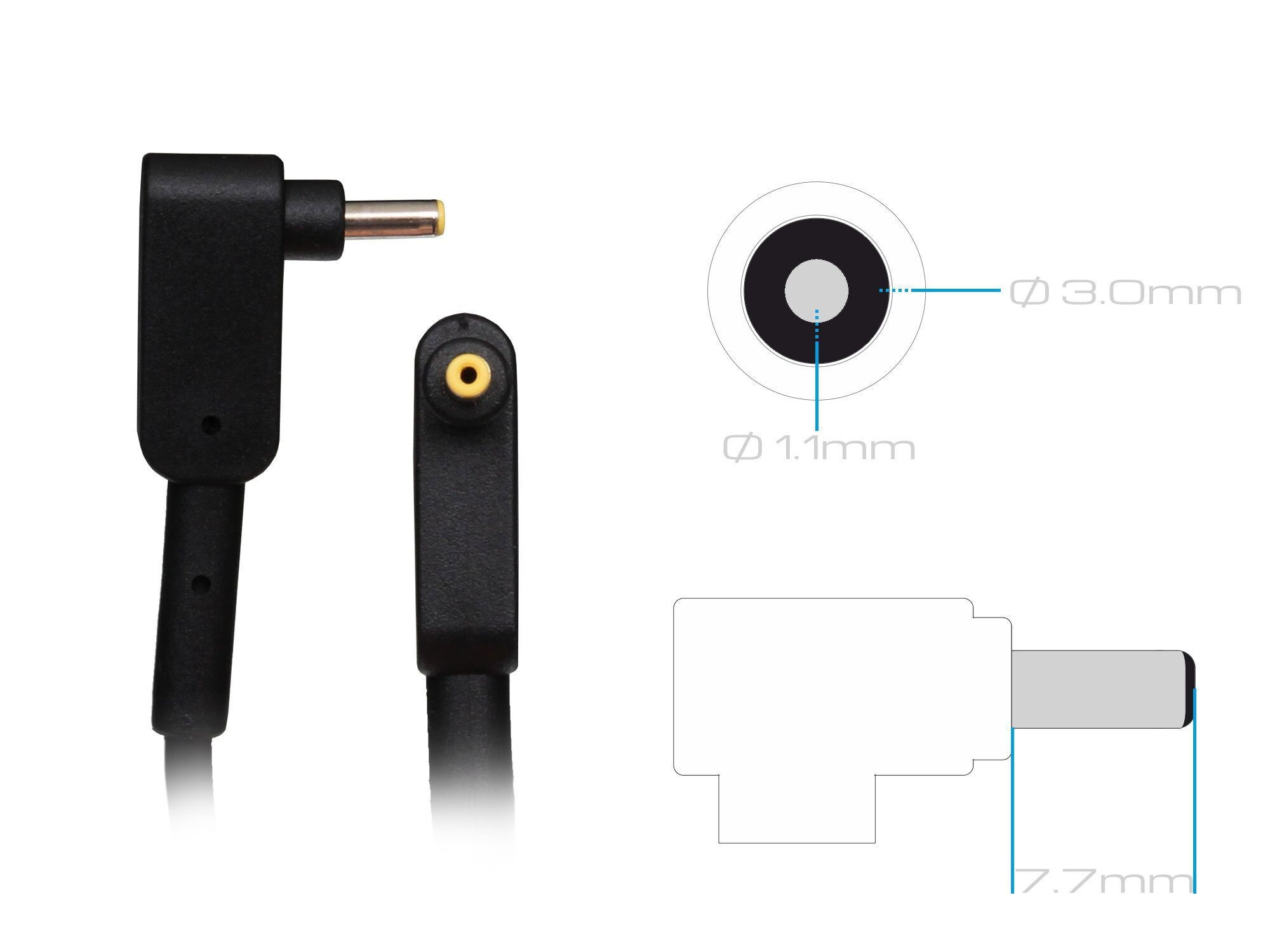 Schwarzer Netzadapter mit gelber Spitze, Diagramme seiner Abmessungen, einschließlich 1,1 mm, 3,0 mm und 7,7 mm, auf weißem Hintergrund.