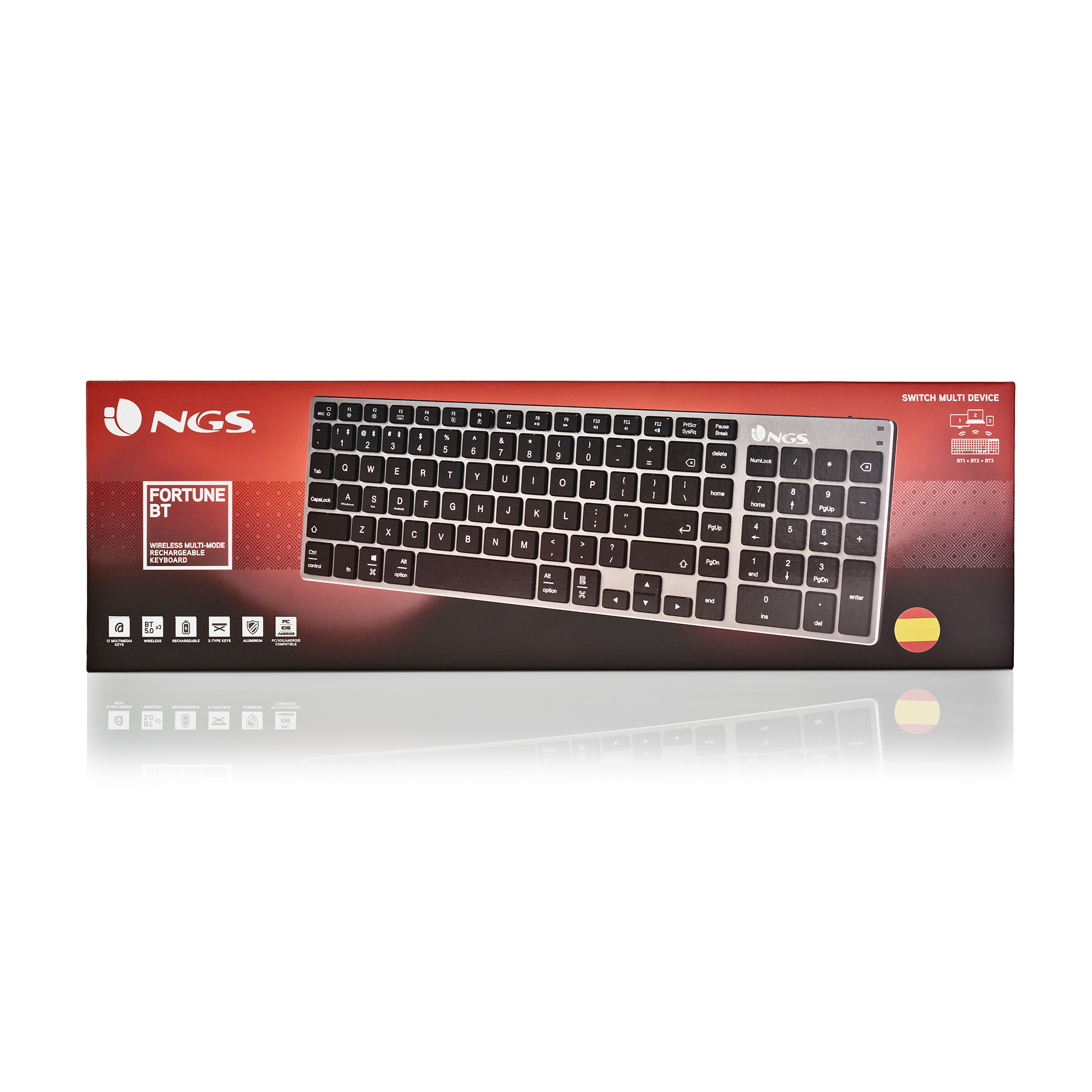 Una caja de teclado con un teclado plateado. La caja tiene la marca NGS y el modelo del teclado es Fortune BT.