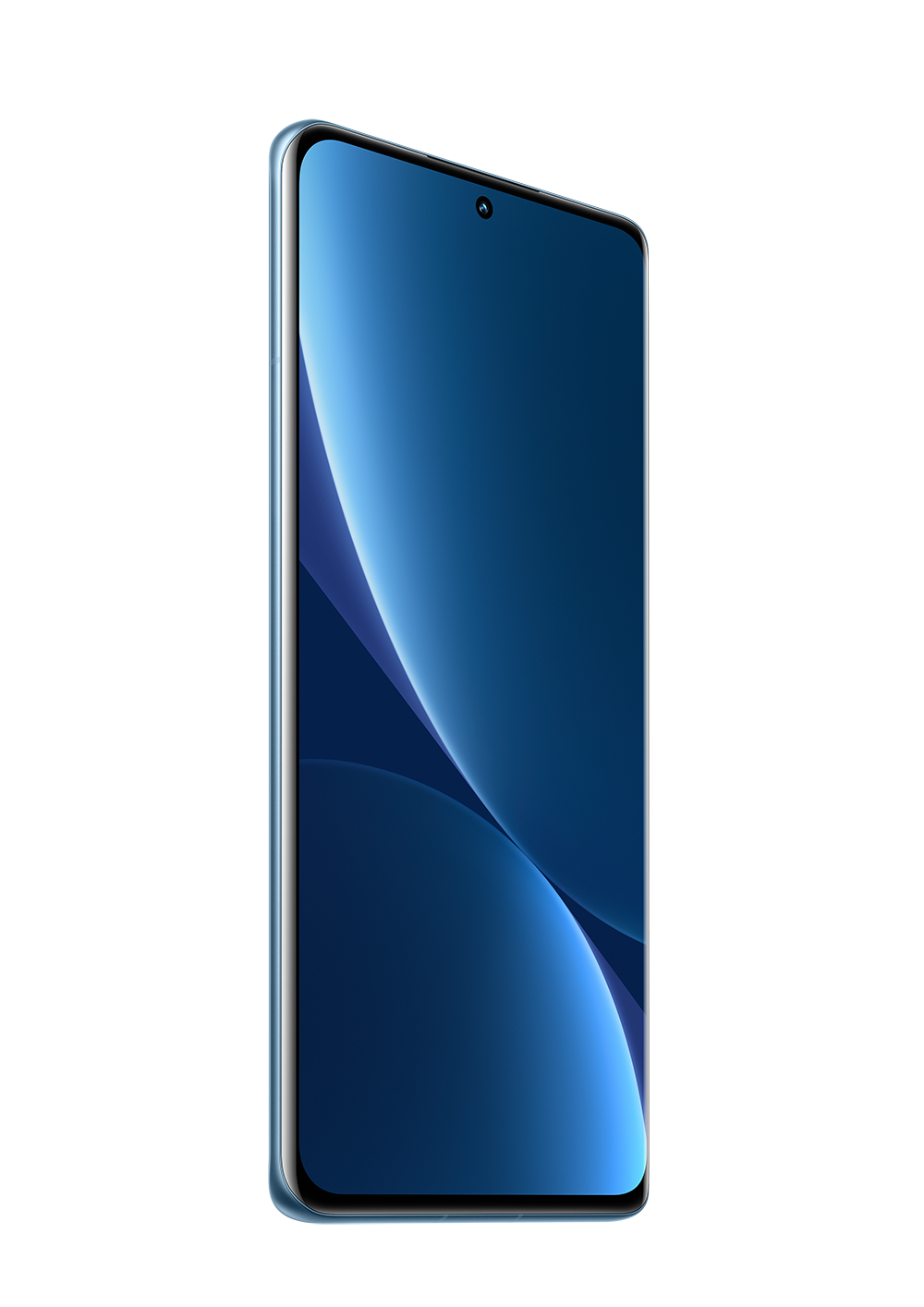 A blue smartphone with a curved screen is displayed. The screen has a gradient of dark to light blue.