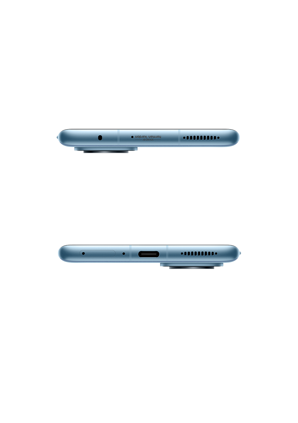 A light blue smartphone is displayed from the side, showing speakers, a charging port, and the 'harman/kardon' logo.