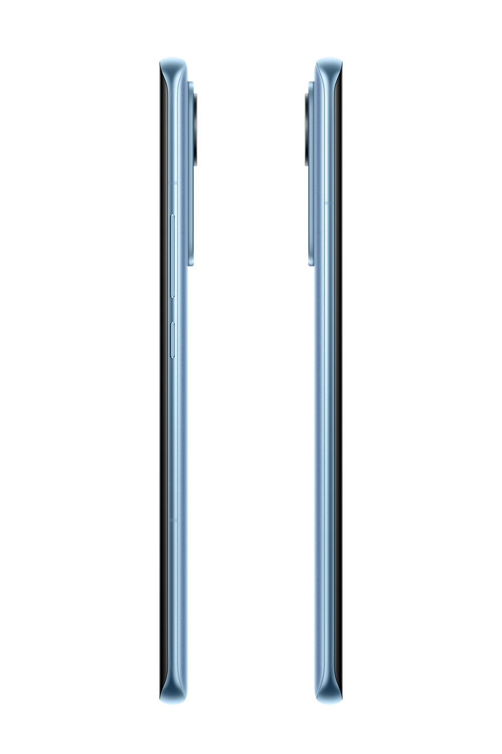 A light blue smartphone, vertically oriented. It has a camera array with two black lenses. The background is white.