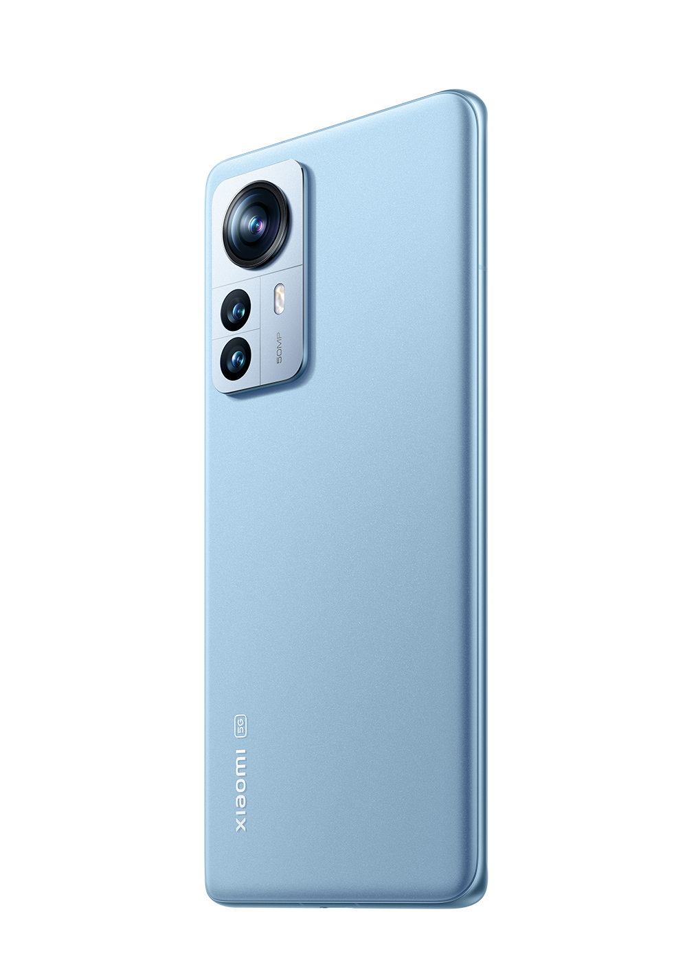 Light blue Xiaomi smartphone back. Features camera lenses, flash, and brand logo. Clean, modern design. 5G.