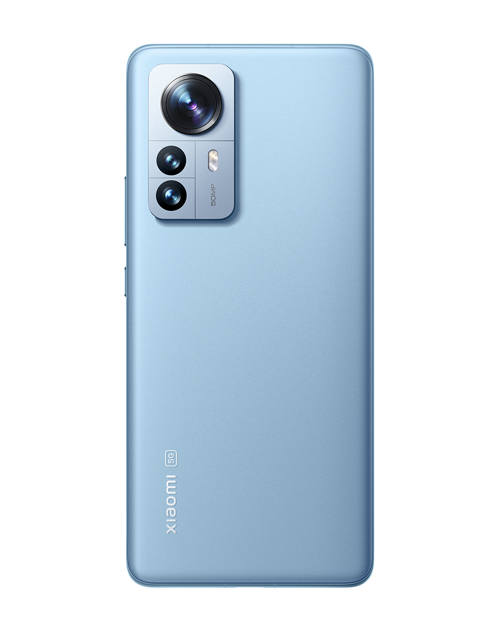 Light blue Xiaomi phone back. Features a camera array with three lenses and a flash. The Xiaomi logo is at the bottom.