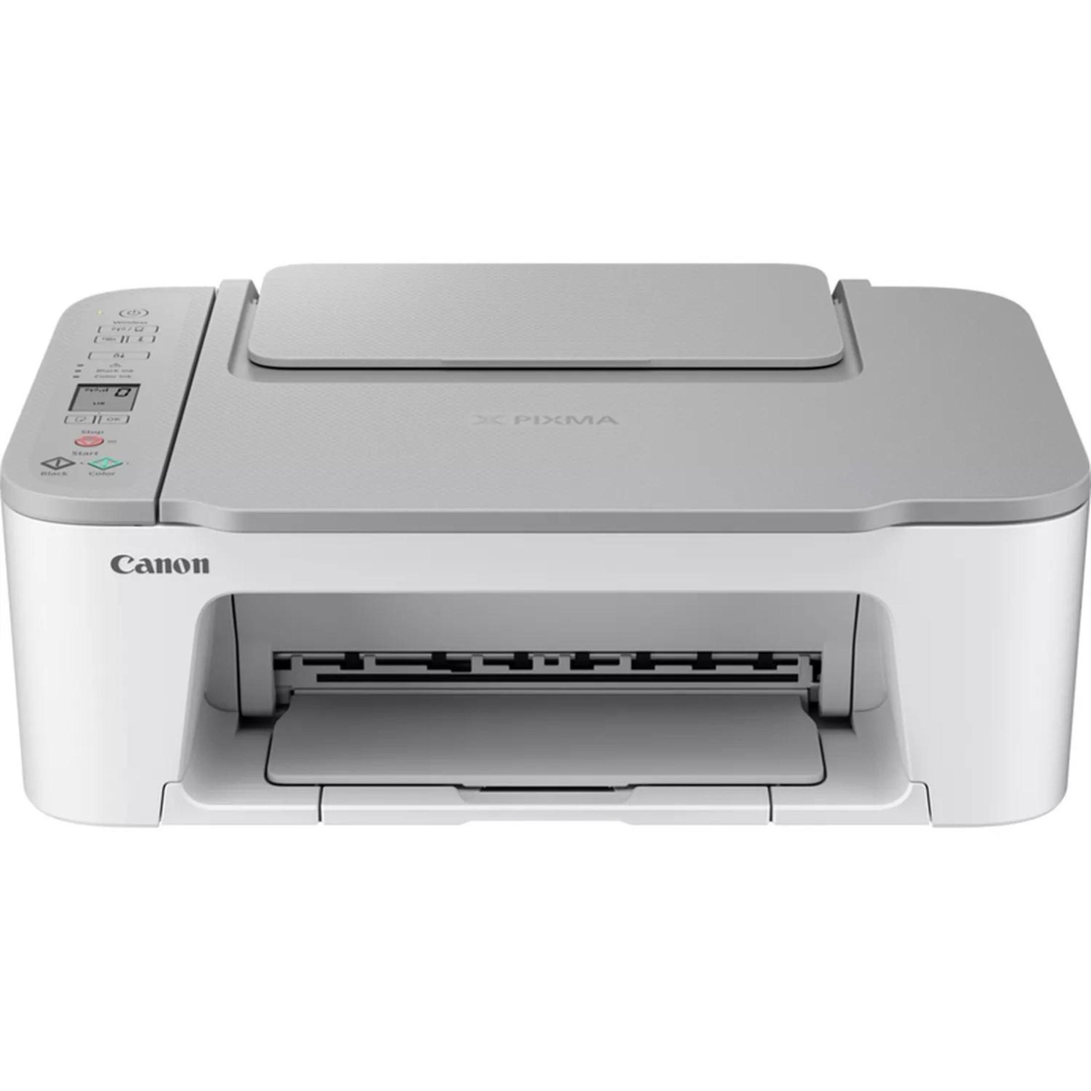 Una stampante Canon Pixma. Corpo bianco con coperchio e pannello grigi. Vassoio carta estratto. Logo Canon frontale.
