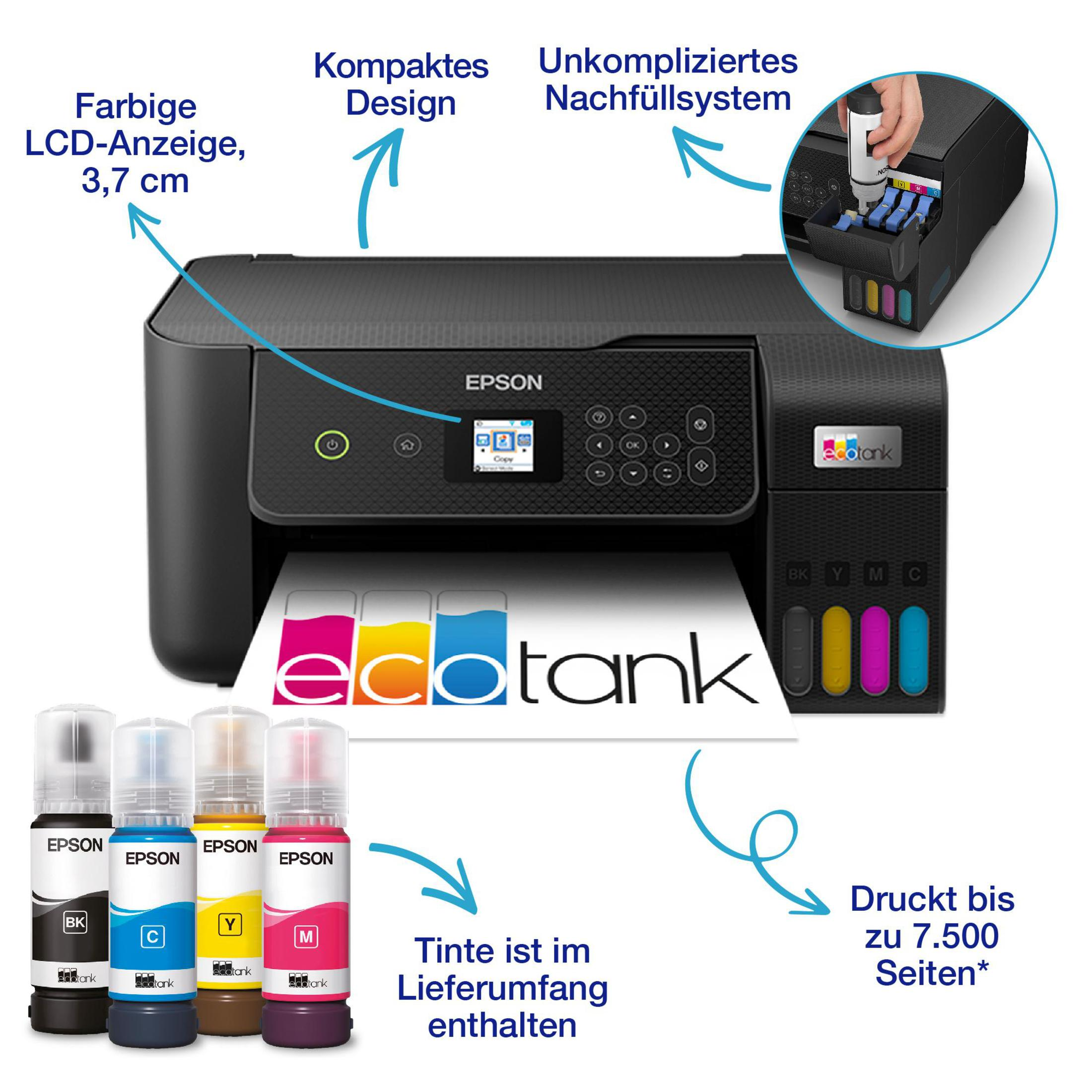 Una stampante Epson EcoTank con flaconi di inchiostro. Caratteristiche: LCD, design compatto e sistema di ricarica facile. Stampa fino a 7.500 pagine.