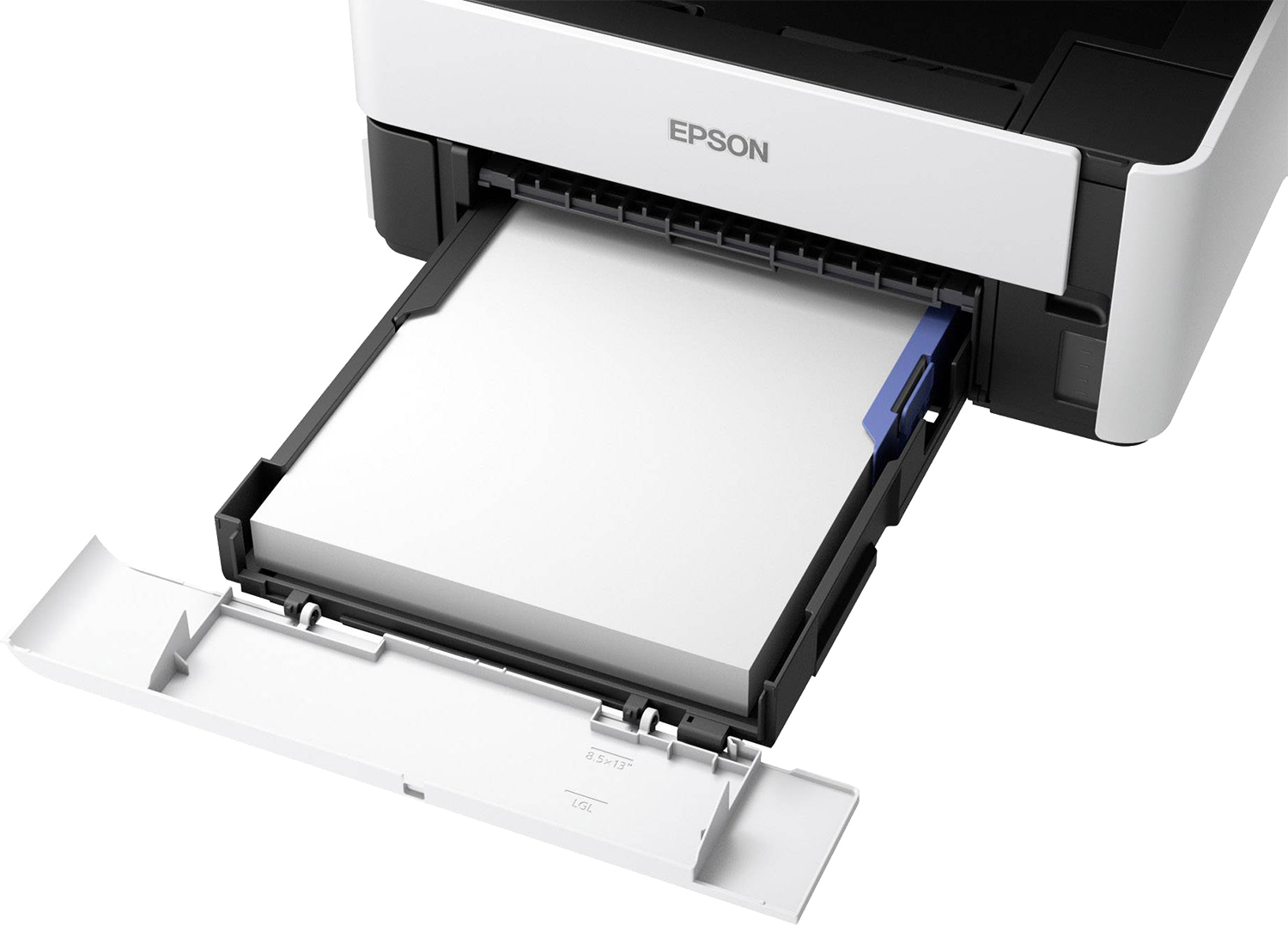 Drukarka Epson z wysuniętą tacą na papier. Biały papier w tacy. Drukarka jest biało-czarna.
