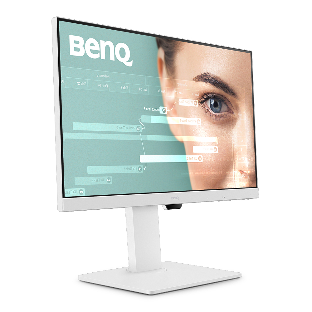 A white BenQ monitor displays a woman's eye with data overlay. The monitor is on a white stand against a white background.