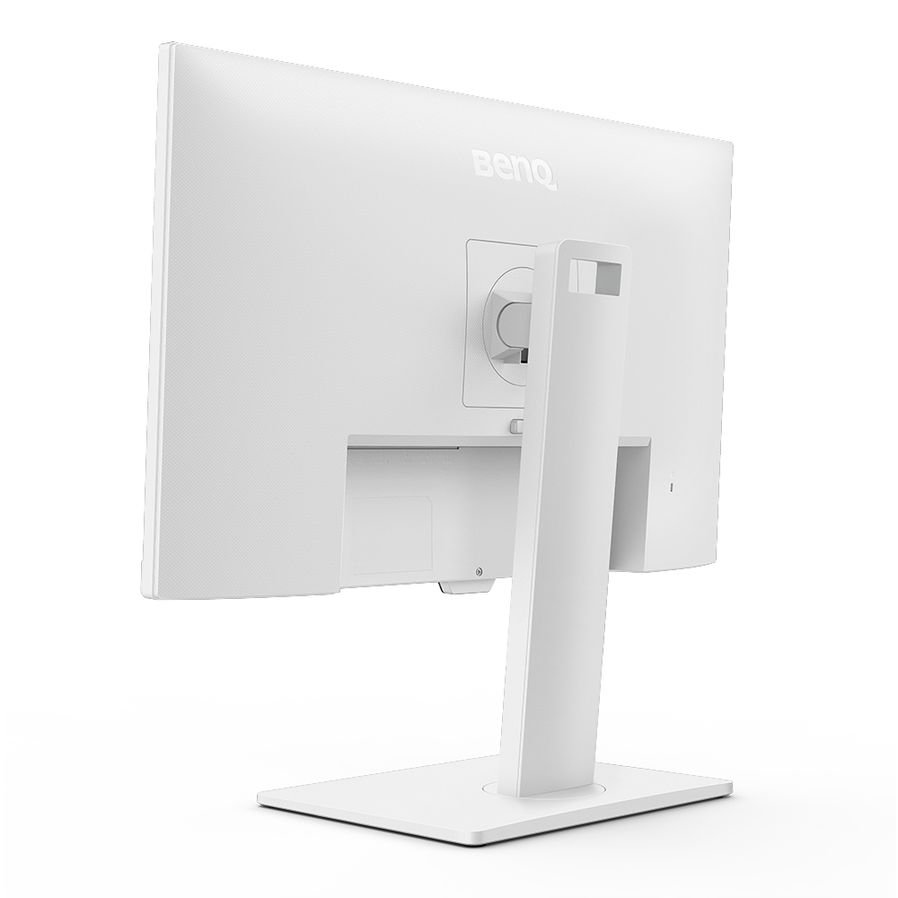 A white BenQ monitor is shown from the back. It is on a white stand. The BenQ logo is visible. The background is white.