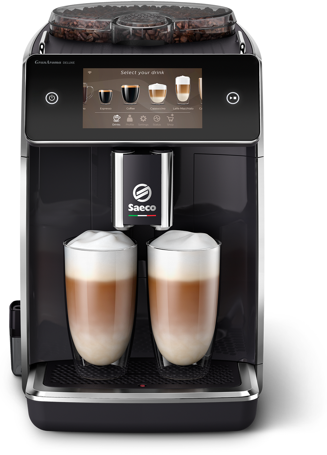 Eine schwarze Saeco Kaffeemaschine mit Touchscreen, zwei Latte Macchiato Gläsern und einem Bohnenbehälter oben.