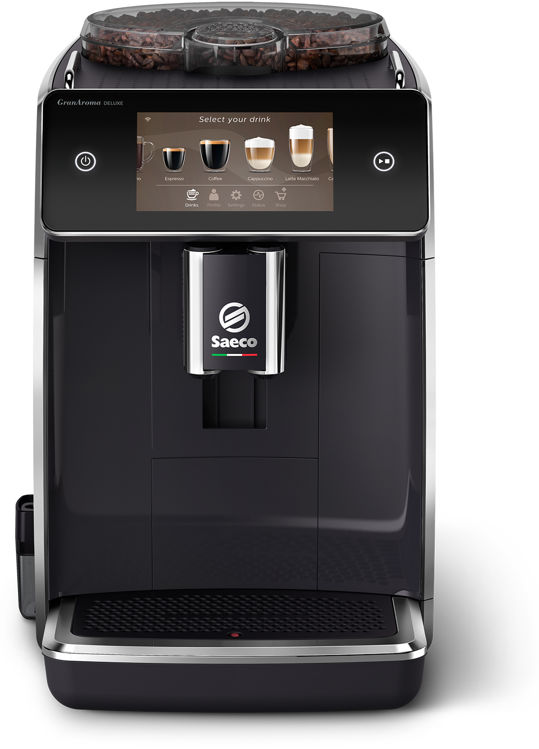 Eine schwarze Saeco-Kaffeemaschine mit Touchscreen, der Getränkeoptionen anzeigt. Kaffeebohnen sind oben sichtbar.