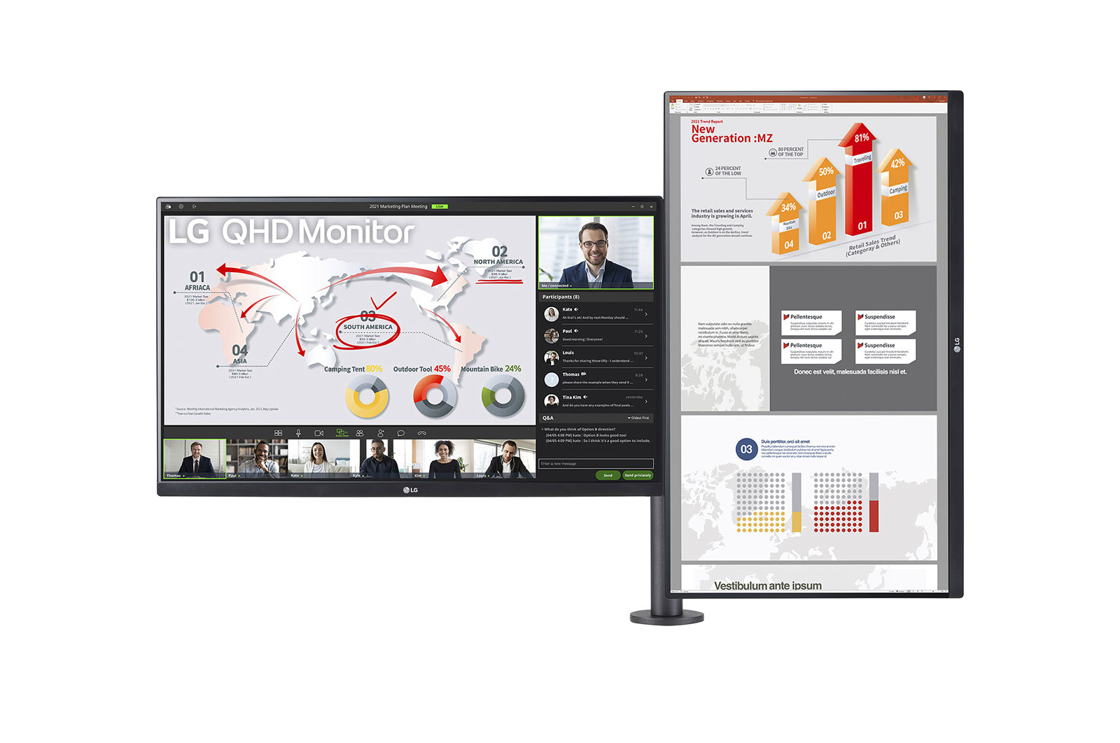 Zwei LG-Monitore, die einen Marketingplan und einen Trendbericht anzeigen. Diagramme, Grafiken und Meeting-Teilnehmer sind sichtbar.