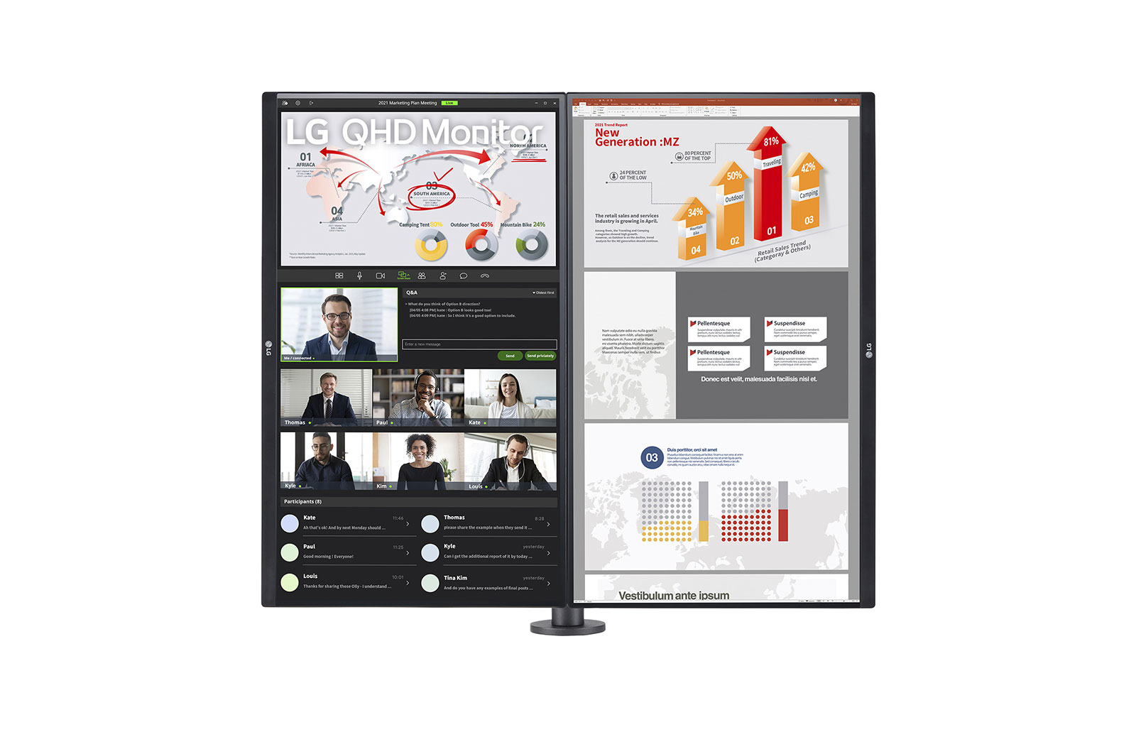 Dual-Monitor zeigt ein Geschäftstreffen mit Diagrammen und einer Videokonferenz der Teilnehmer.