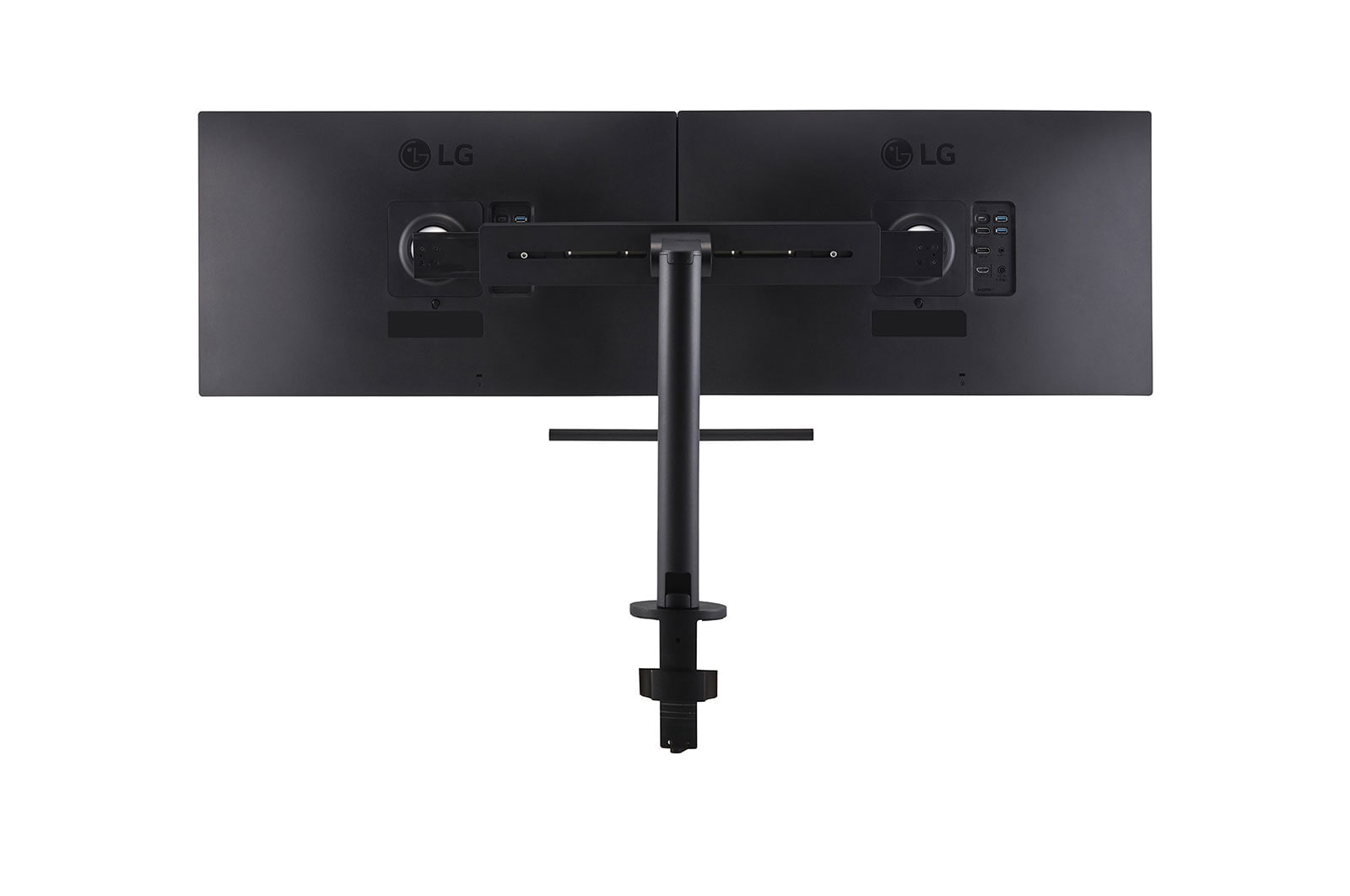 Zwei schwarze LG-Monitore sind Rücken an Rücken auf einem schwarzen Ständer montiert und zeigen Anschlüsse und Logos auf weißem Hintergrund.