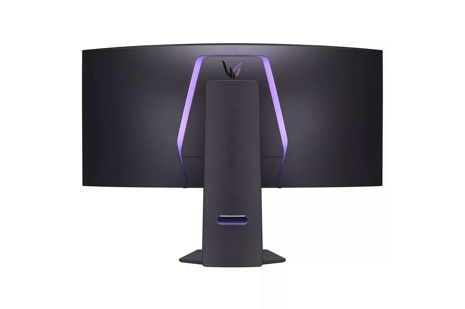 Tył zakrzywionego, czarnego monitora LG UltraGear. Fioletowe akcenty i logo. Stojak jest czarny i ma otwór.