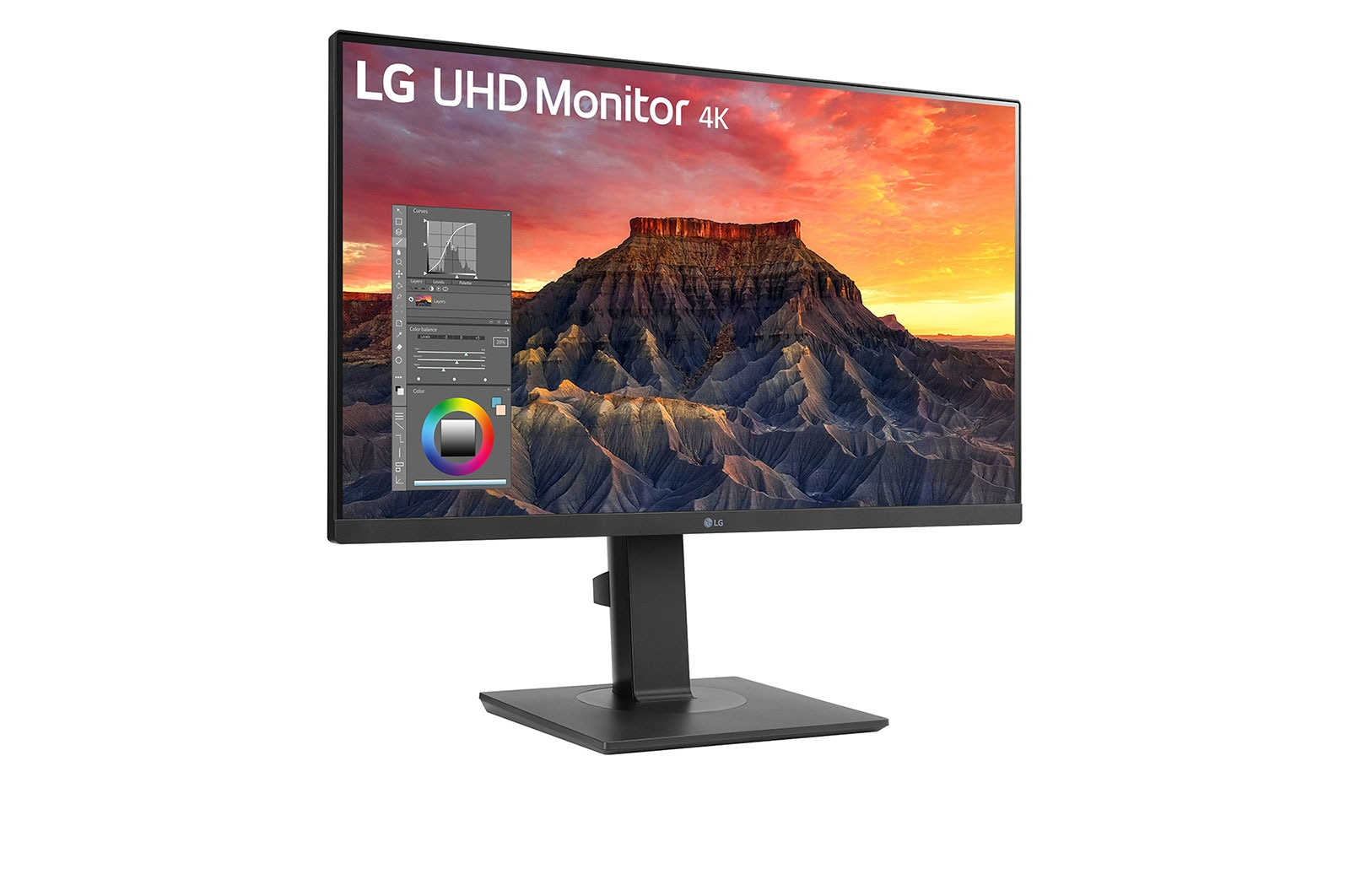 Monitor LG UHD 4K wyświetla obraz górskiego krajobrazu z nakładką oprogramowania do edycji. Monitor jest czarny, na czarnej podstawie.