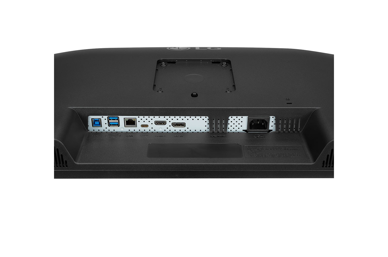 Tył czarnego monitora LG, pokazujący różne porty, w tym USB, LAN, HDMI i wejście zasilania.