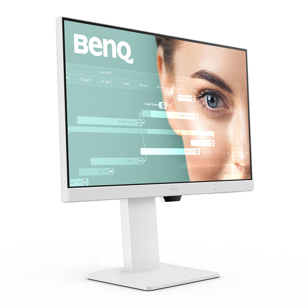 Biały monitor BenQ wyświetla oko kobiety i dane. Monitor stoi na białym stojaku na białym tle.