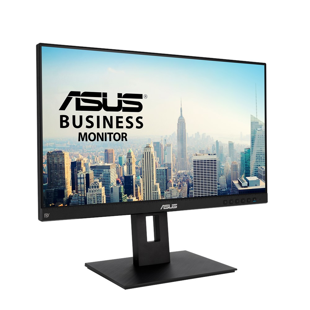 Monitor ASUS Business wyświetla panoramę miasta. Monitor jest czarny, z czarną podstawą. Ekran pokazuje logo ASUS.