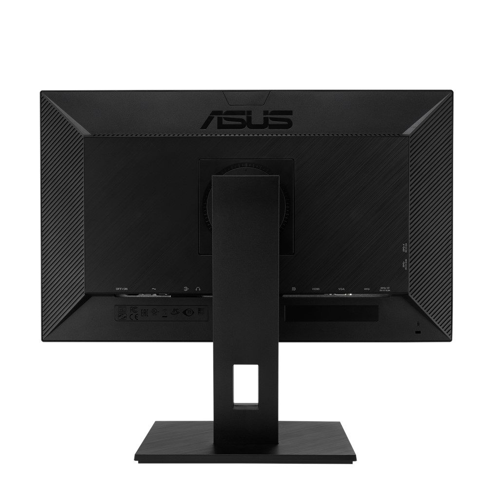 Tył czarnego monitora ASUS. Widoczna jest podstawka wraz z portami takimi jak HDMI i VGA. Logo ASUS znajduje się u góry.