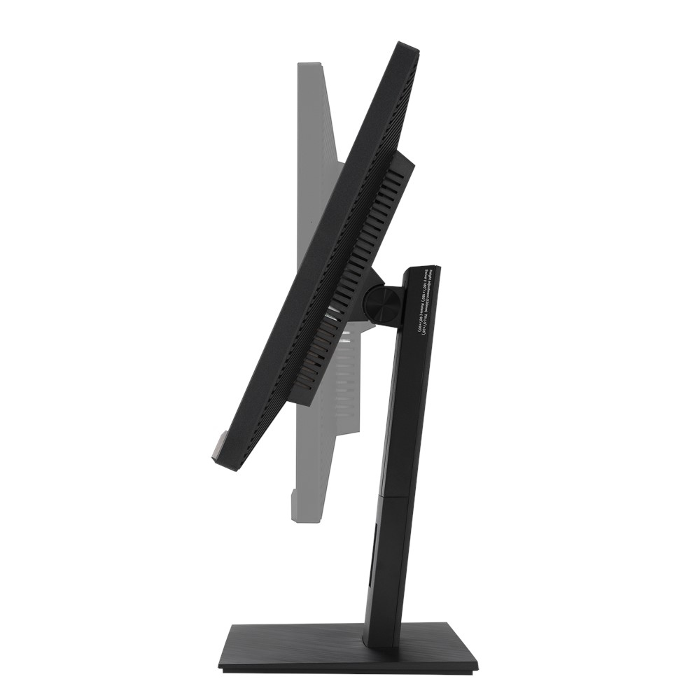 Czarny monitor komputera jest przechylony. Stojak monitora jest również czarny, ustawiony na czarnej podstawie.