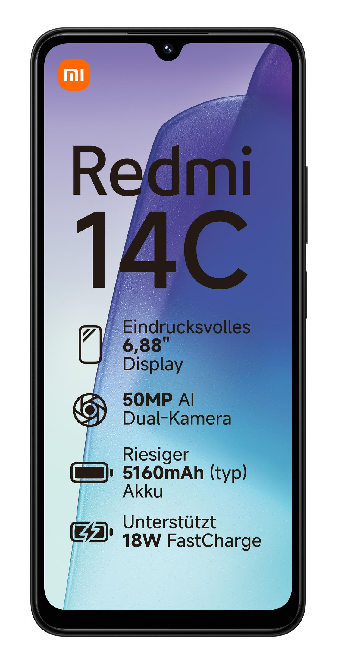 Telefon Xiaomi Redmi 14C. Funkcje: wyświetlacz 6,88", podwójny aparat AI 50MP, bateria 5160mAh i szybkie ładowanie 18W.